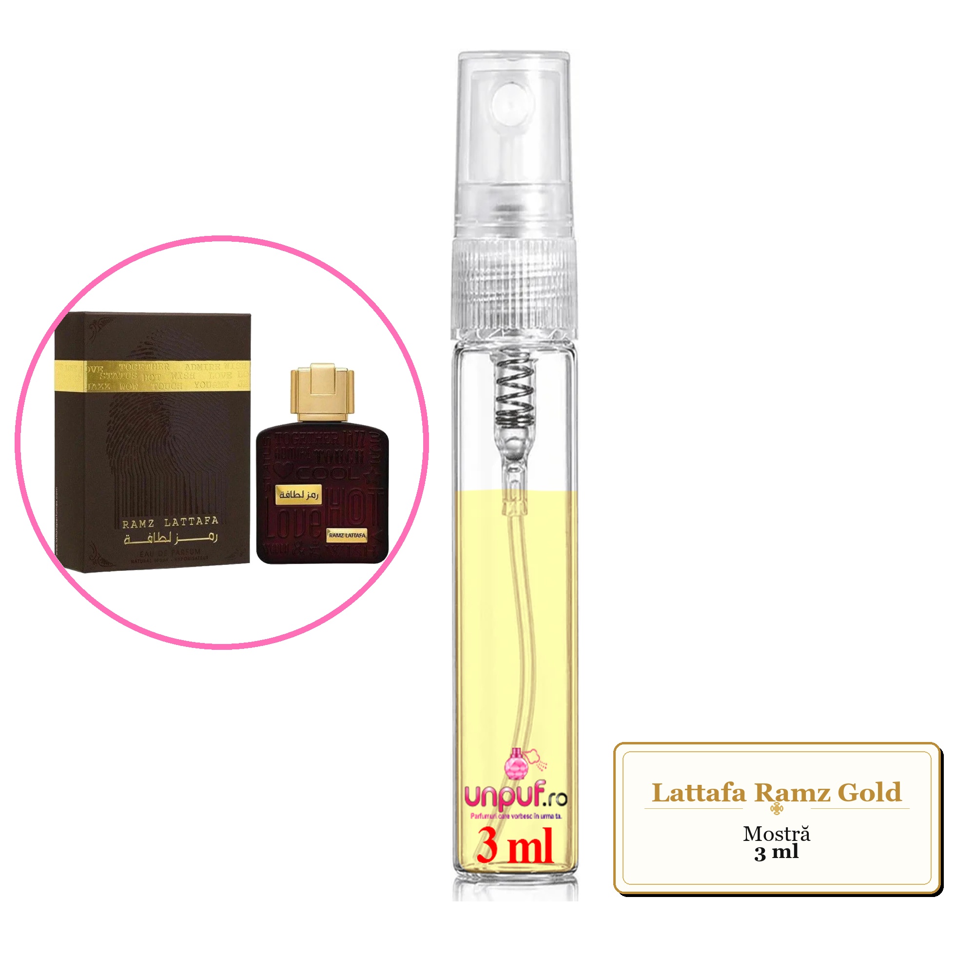 Mostra fiola din Parfumul Lattafa Ramz Gold, decant sticla cu pulverizator