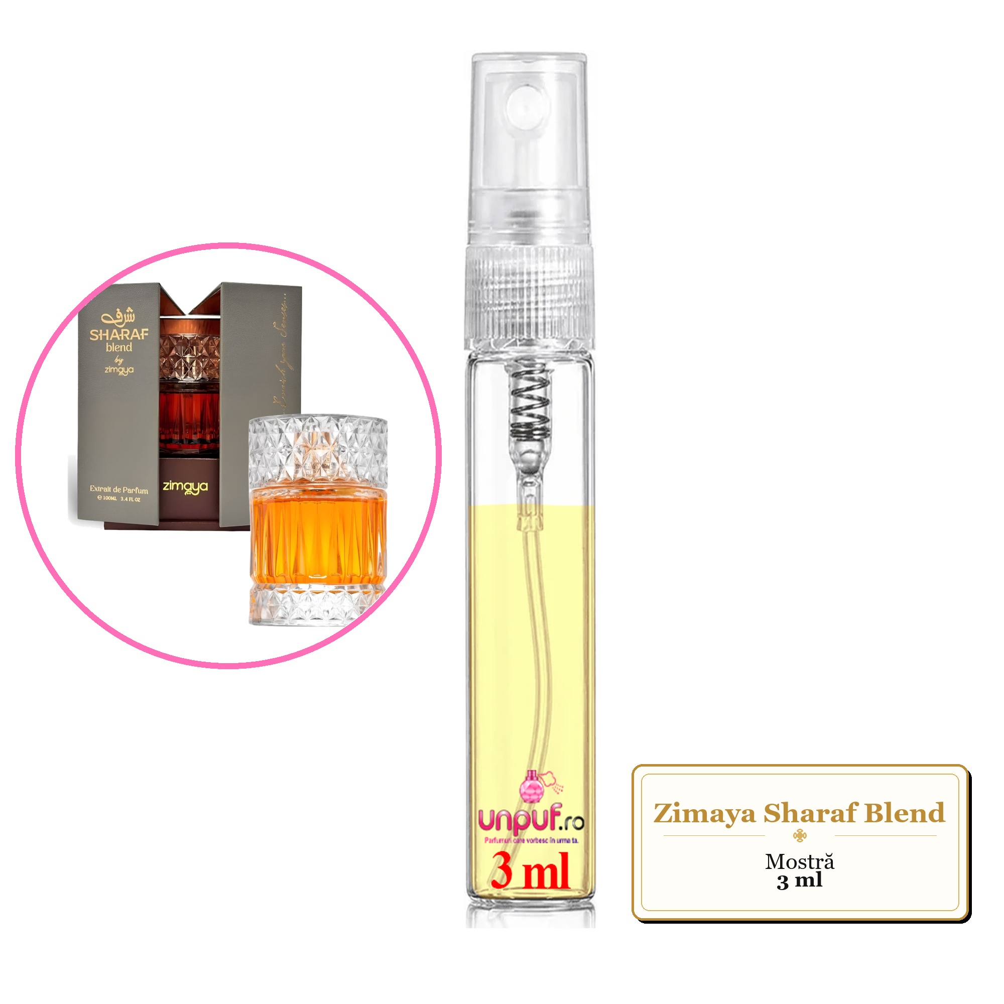 Mostra fiola din Parfumul Zimaya Sharaf Blend, decant sticla cu pulverizator