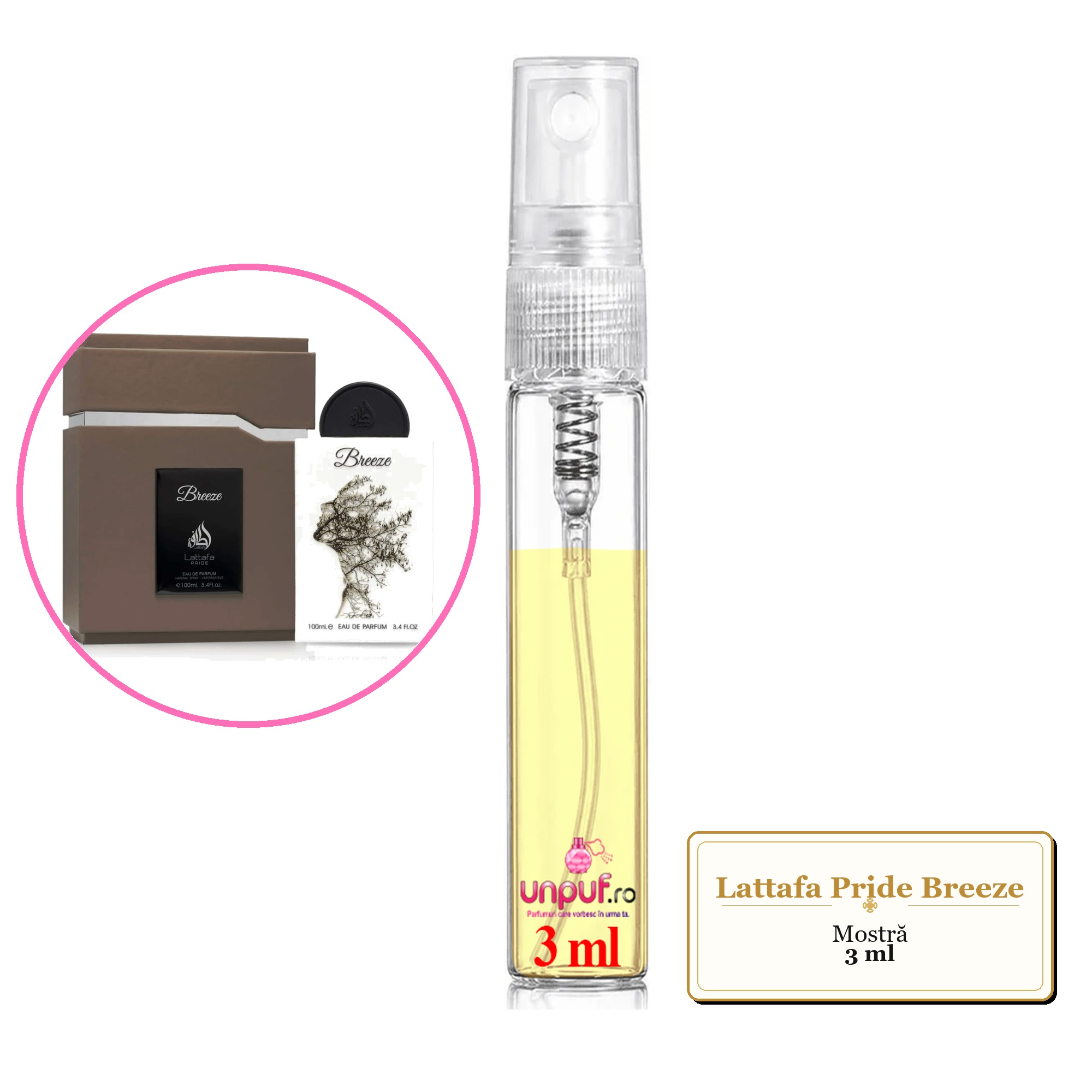 Mostra fiola din Parfumul Lattafa Pride Breeze, decant sticla cu pulverizator 