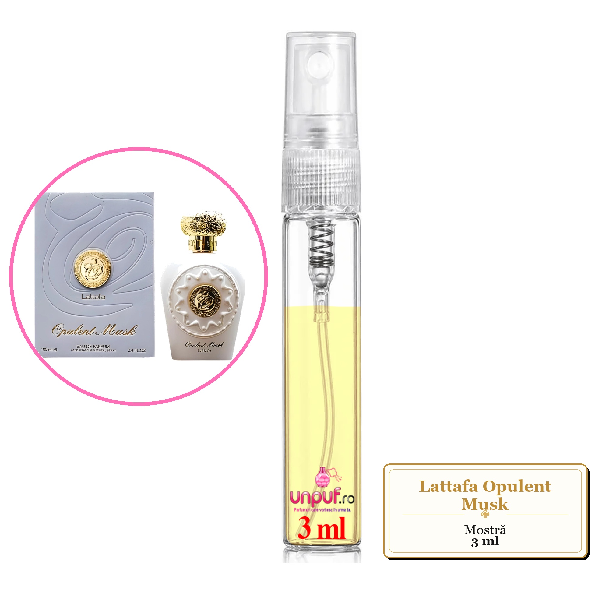 Mostra fiola din Parfumul Lattafa Opulent Musk, decant sticla cu pulverizator