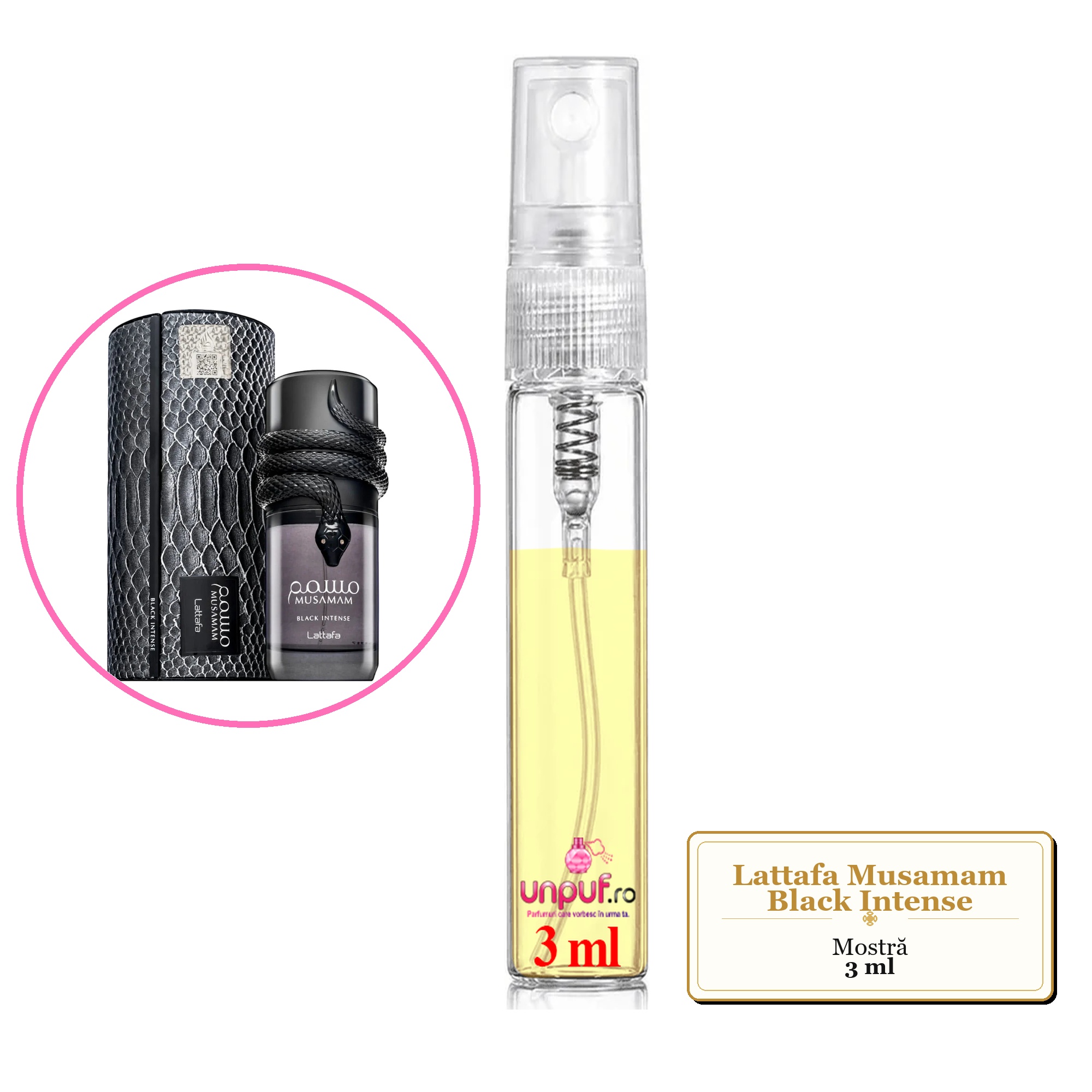 Mostra fiola din Parfumul Lattafa Musamam Black Intense, decant sticla cu pulverizator 