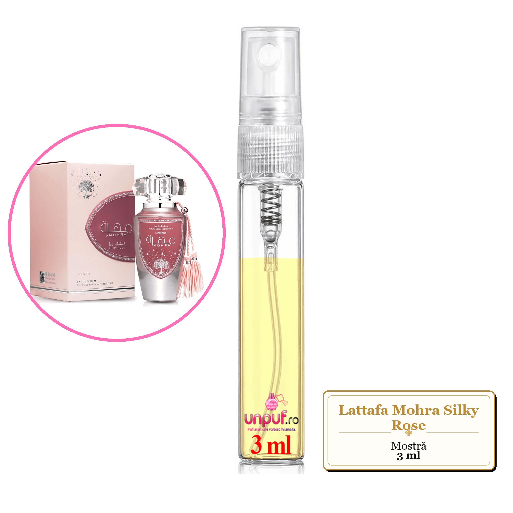 Mostra fiola din Parfumul Lattafa Mohra Silky Rose, decant sticla cu pulverizator 