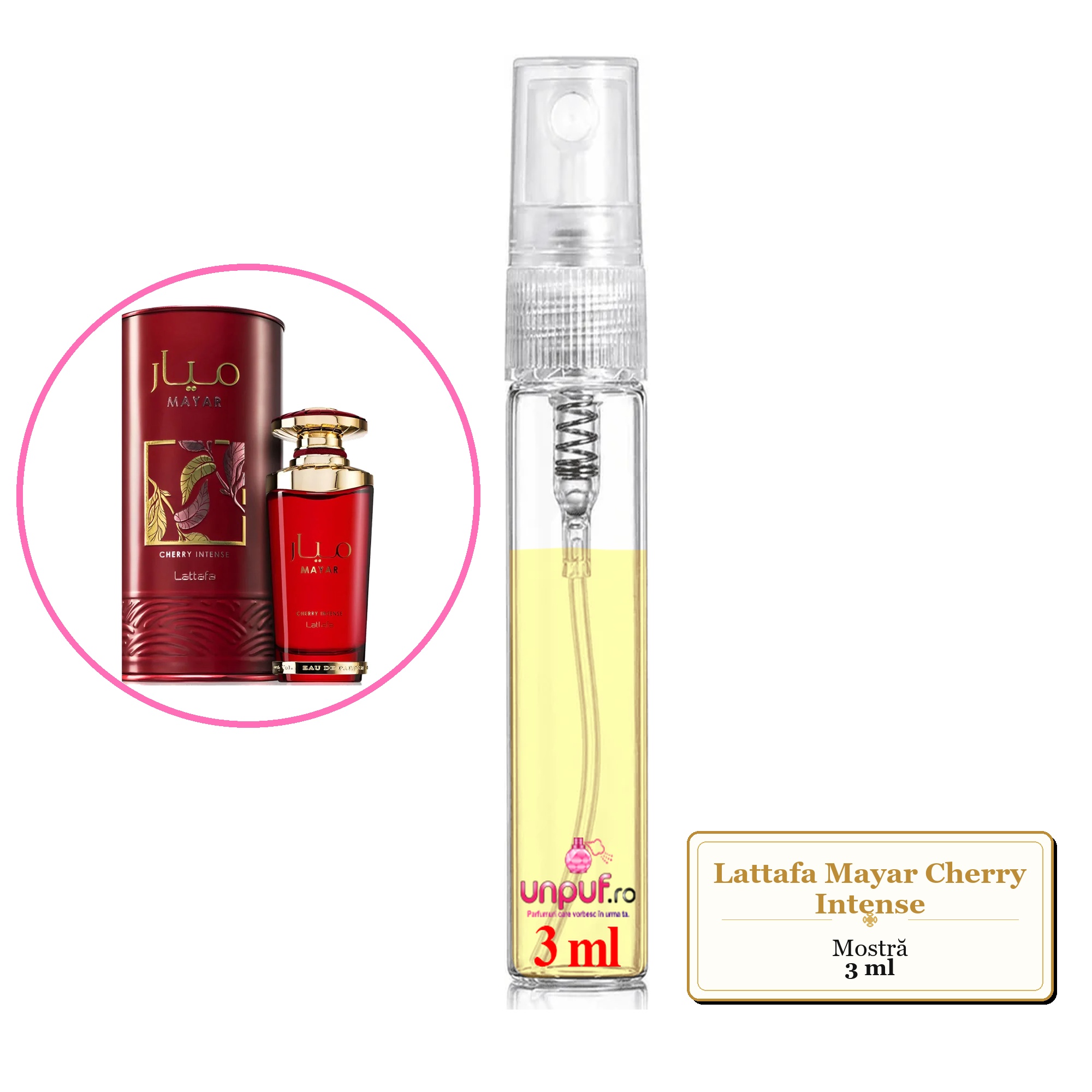 Mostra fiola din Parfumul Lattafa Mayar Cherry Intense, decant sticla cu pulverizator 