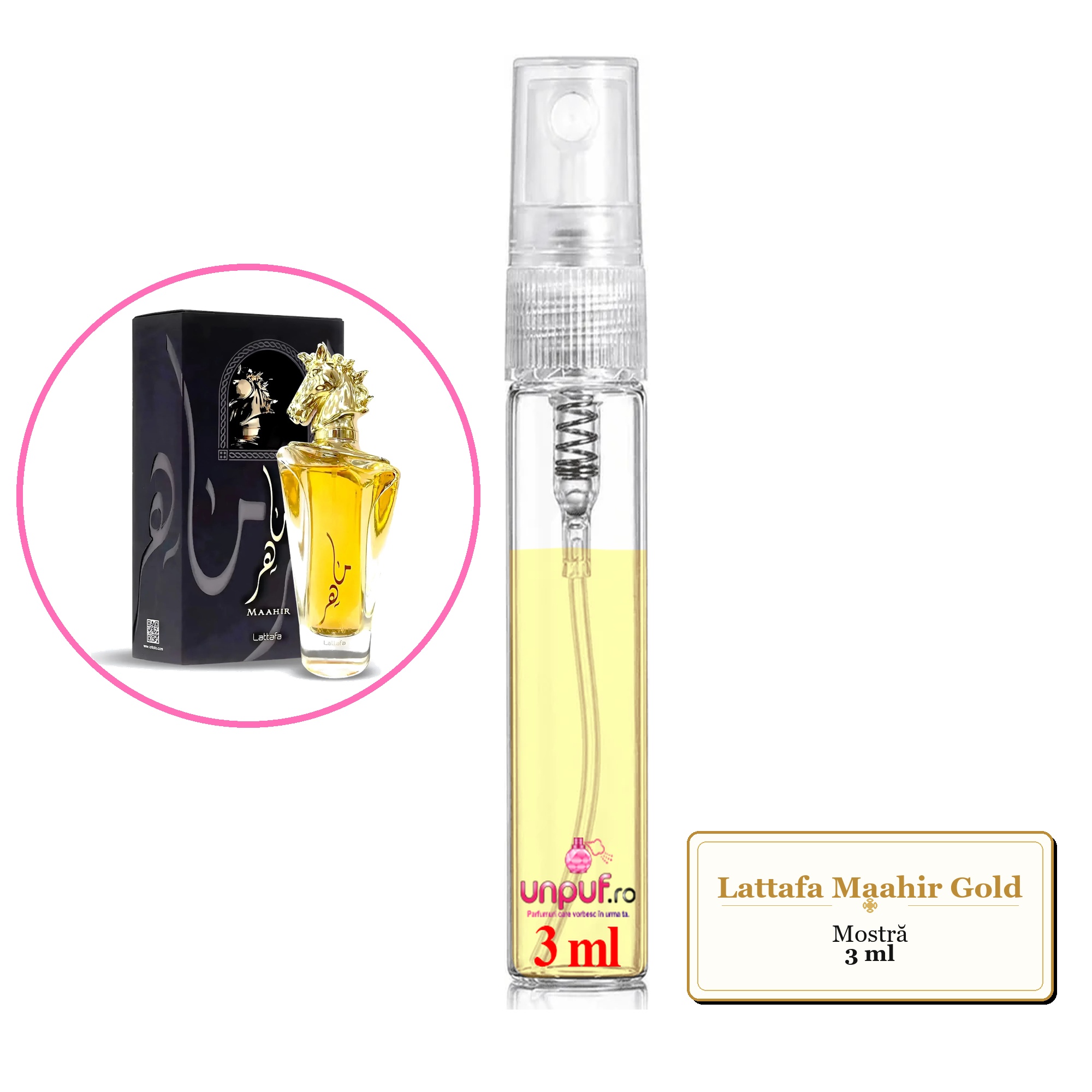 Mostra fiola din Parfumul Lattafa Maahir Gold, decant sticla cu pulverizator