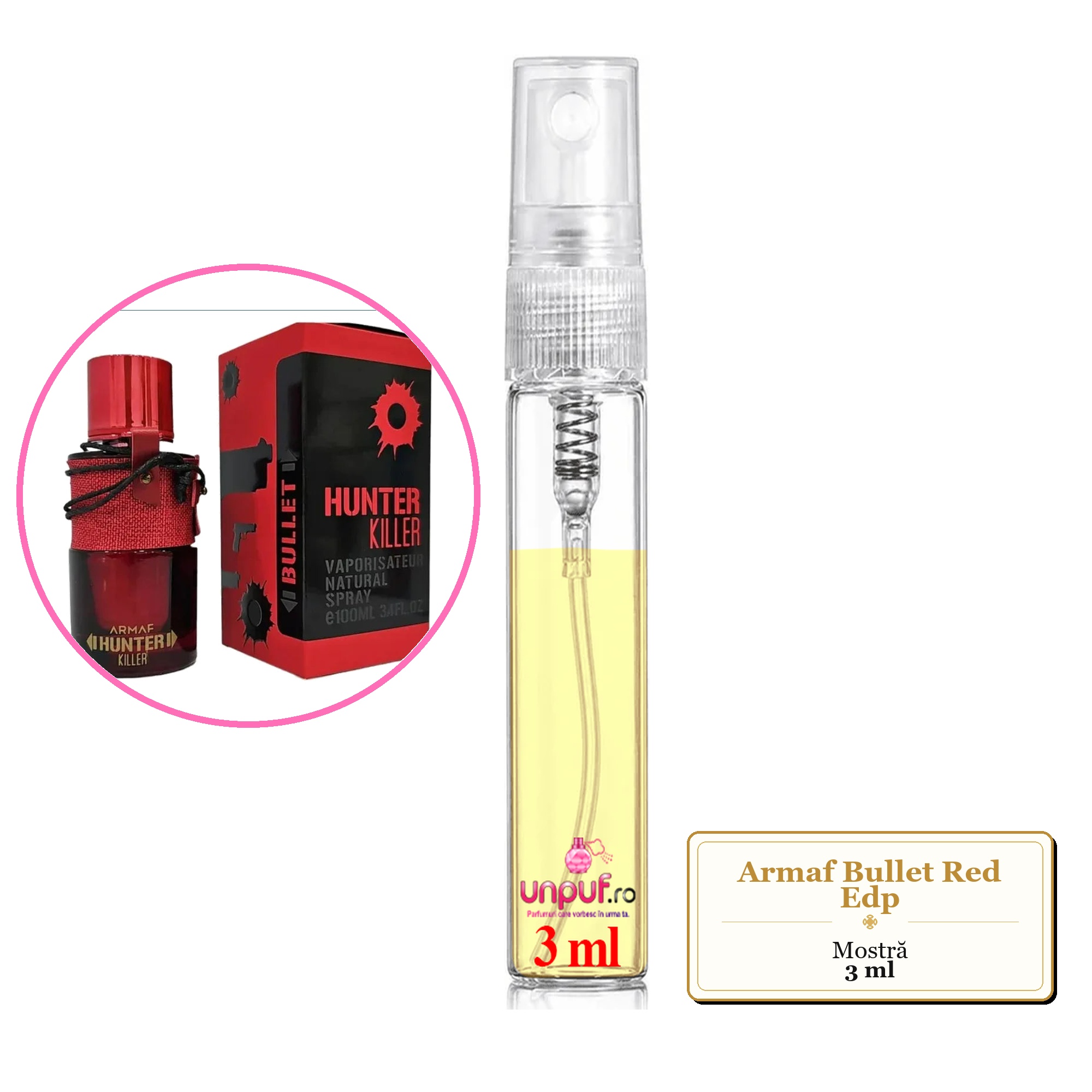 Mostra fiola din Parfumul Armaf Bullet Red Edp, decant sticla cu pulverizator