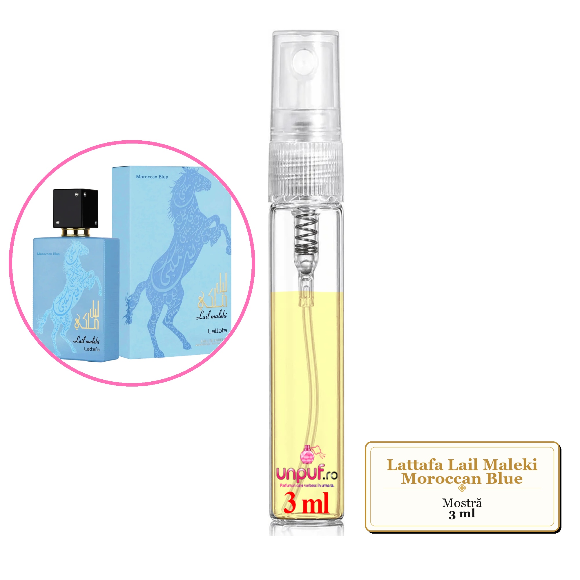 Mostra fiola din Parfumul Lattafa Lail Maleki Moroccan Blue, decant sticla cu pulverizator 