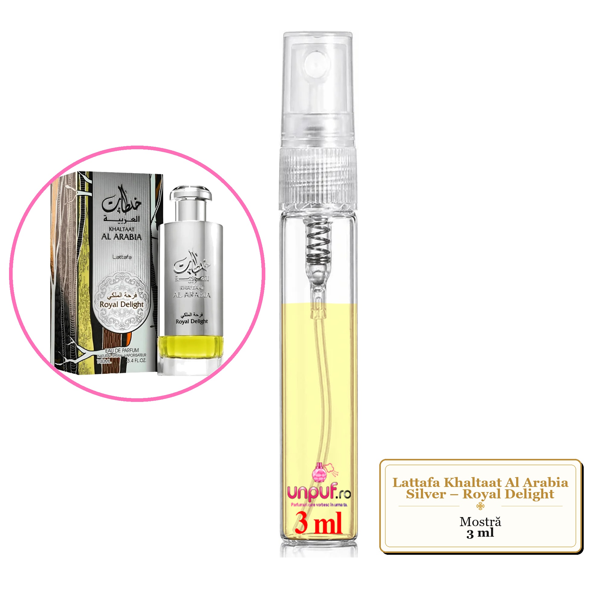 Mostra fiola din Parfumul Lattafa Khaltaat Al Arabia Silver – Royal Delight, decant sticla cu pulverizator 