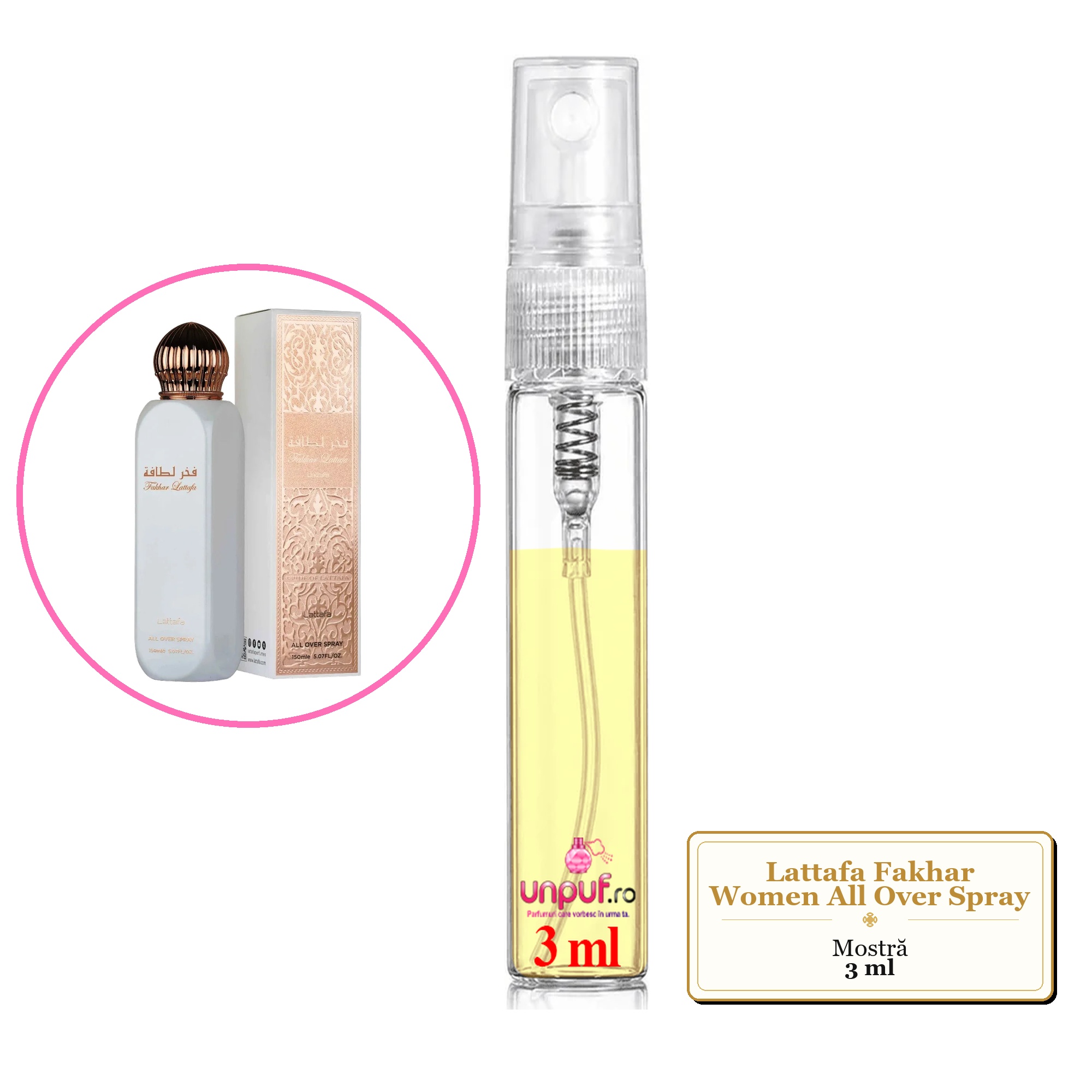 Mostra fiola din Parfumul Lattafa Fakhar Women All Over Spray, decant sticla cu pulverizator
