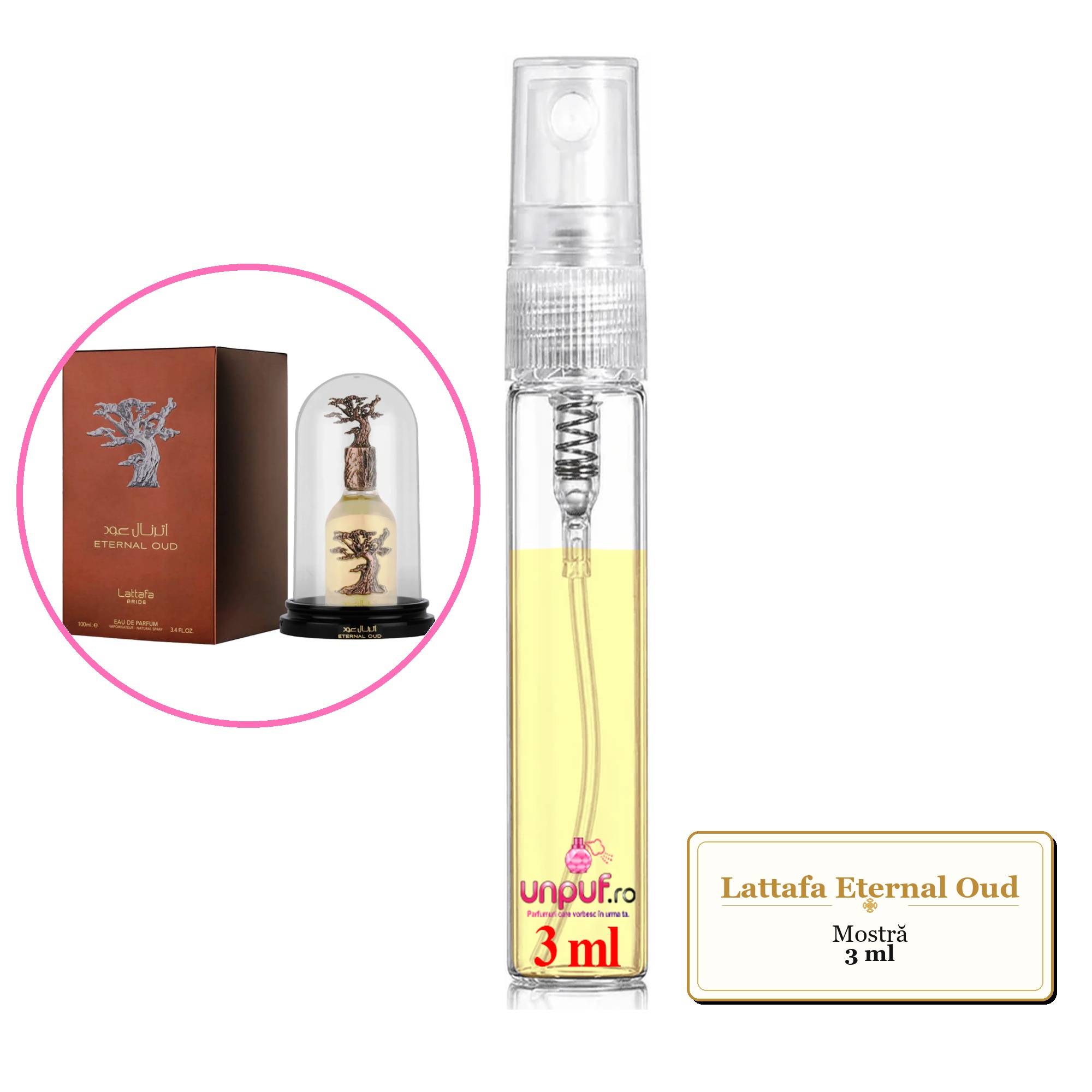 Mostra fiola din Parfumul Lattafa Eternal Oud, decant sticla cu pulverizator 