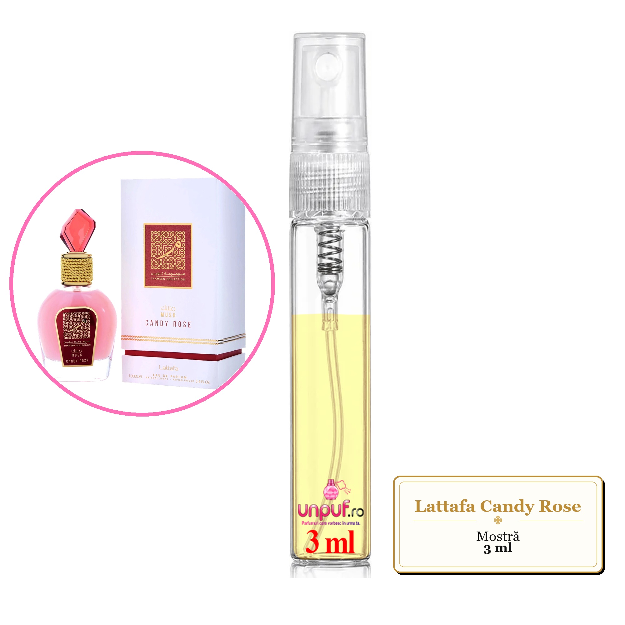 Mostra fiola din Parfumul Lattafa Candy Rose, decant sticla cu pulverizator 