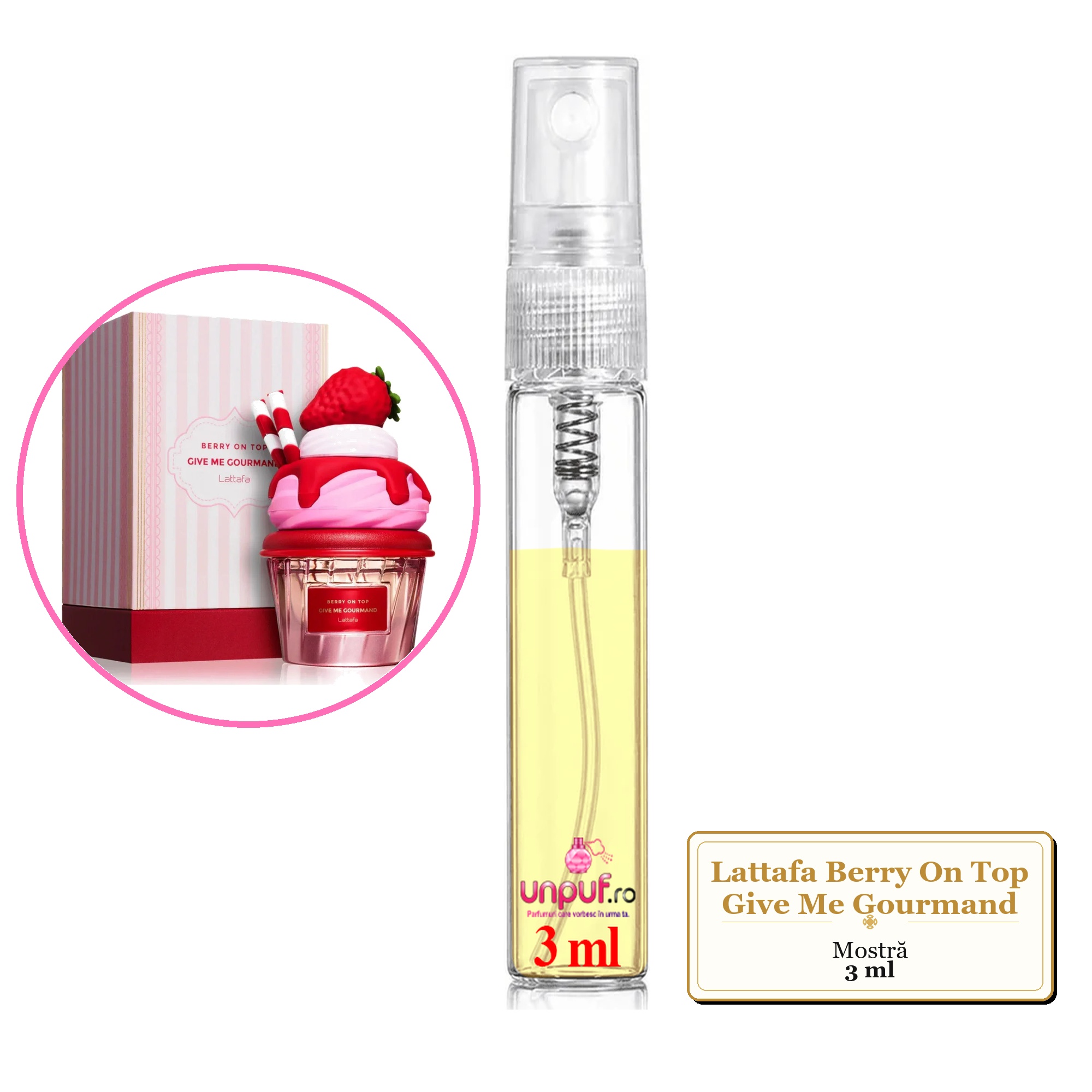 Mostra fiola din Parfumul Lattafa Berry On Top Give Me Gourmand, decant sticla cu pulverizator 