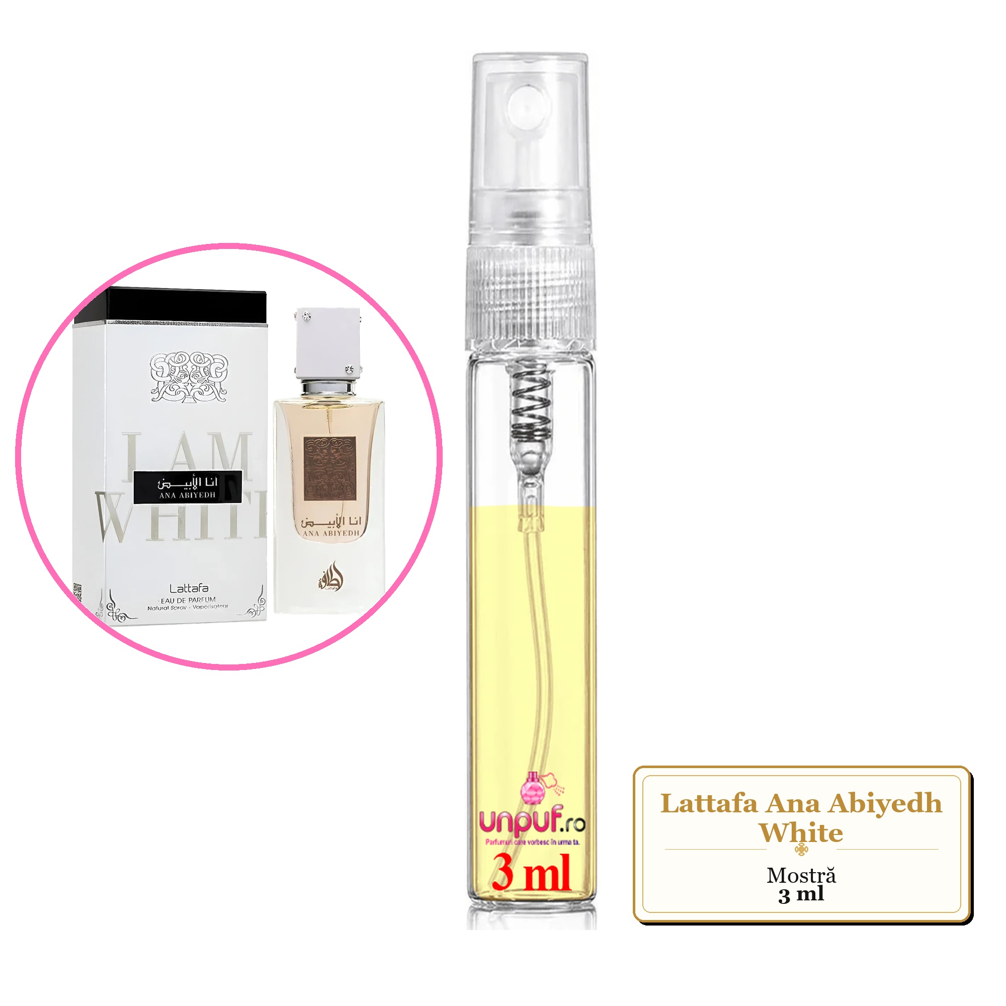 Mostra fiola din Parfumul Lattafa Ana Abiyedh White, decant sticla cu pulverizator 