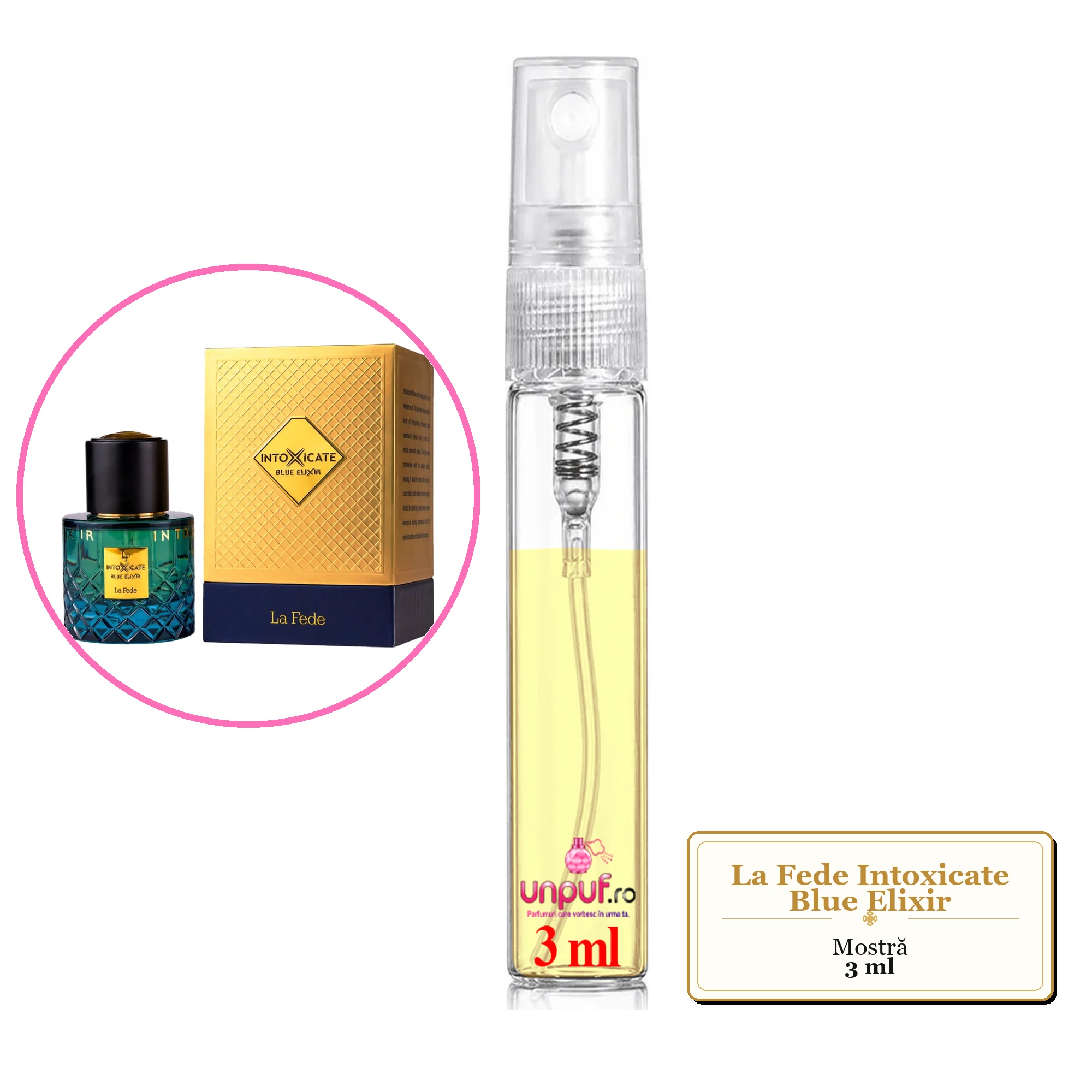 Mostra fiola din Parfumul La Fede Intoxicate Blue Elixir, decant sticla cu pulverizator 