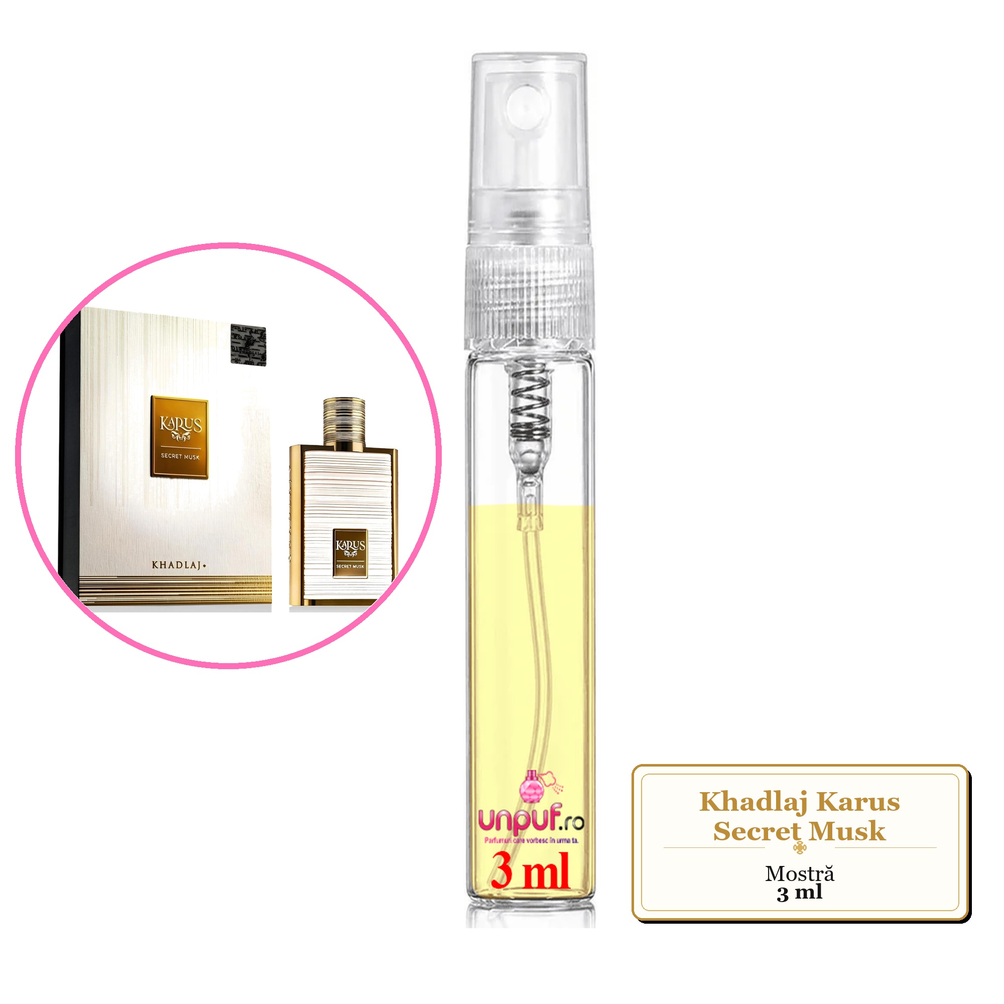 Mostra fiola din Parfumul Khadlaj Karus Secret Musk, decant sticla cu pulverizator 