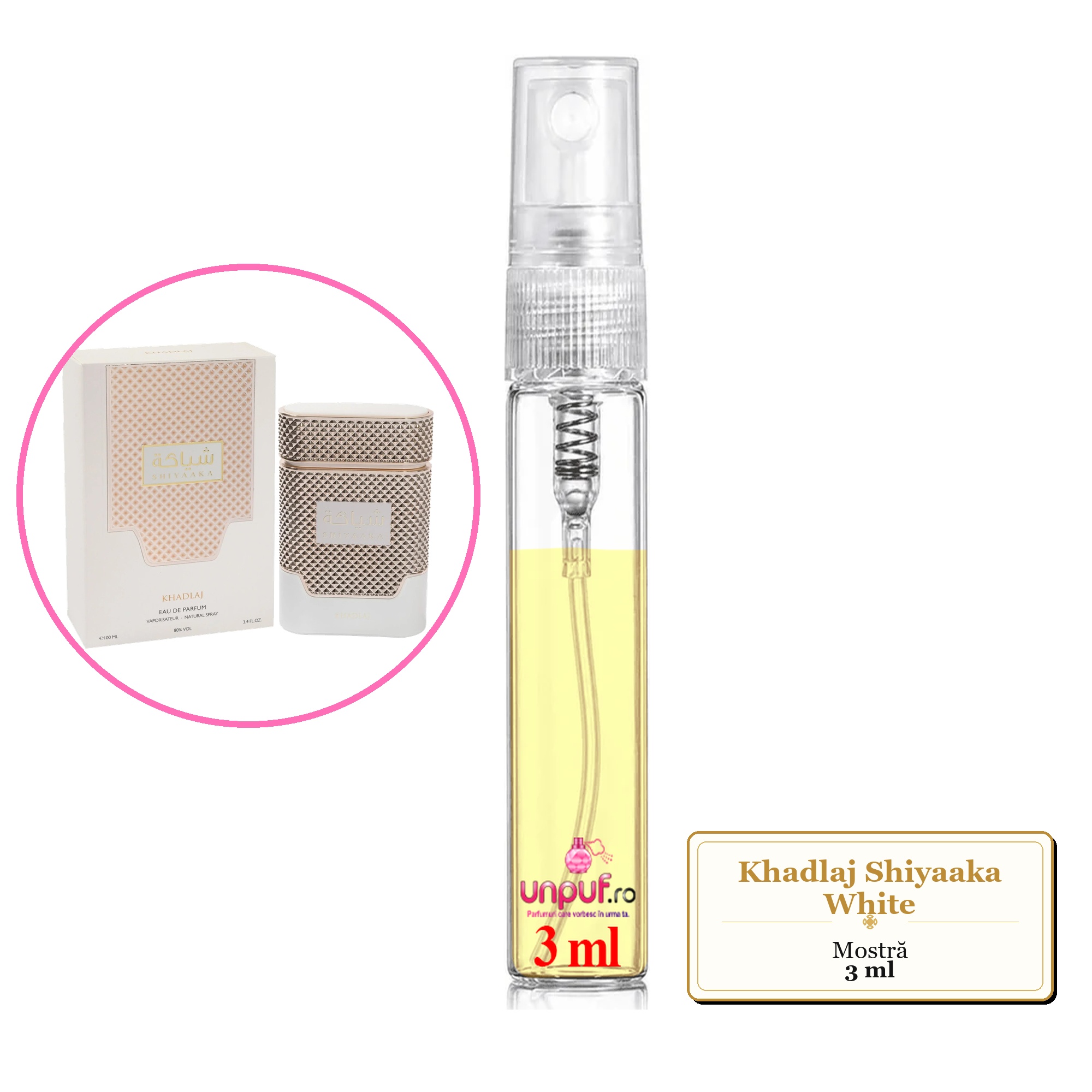 Mostra fiola din Parfumul Khadlaj Shiyaaka White, decant sticla cu pulverizator