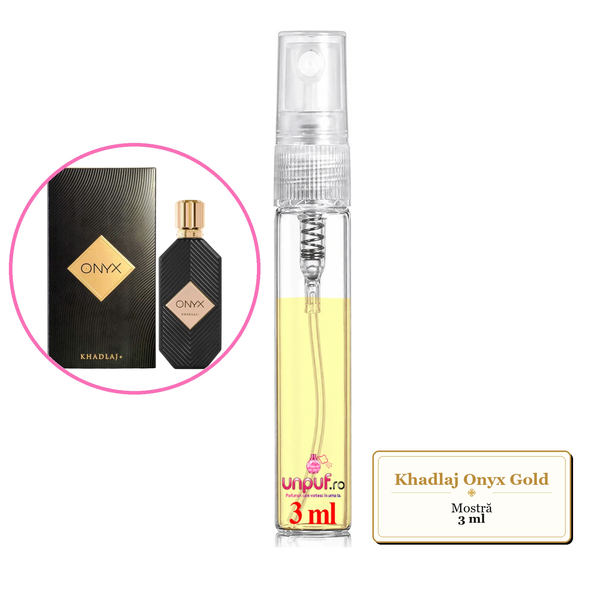 Mostra fiola din Parfumul Khadlaj Onyx Gold, decant sticla cu pulverizator 