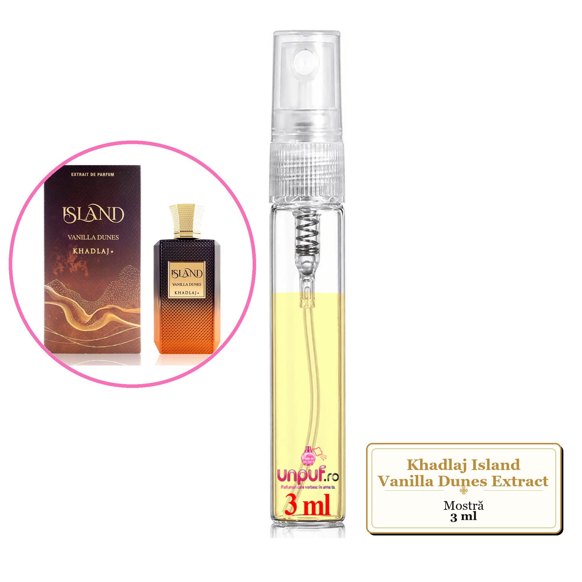 Mostra fiola din Parfumul Khadlaj Island Vanilla Dunes Extract, decant sticla cu pulverizator 