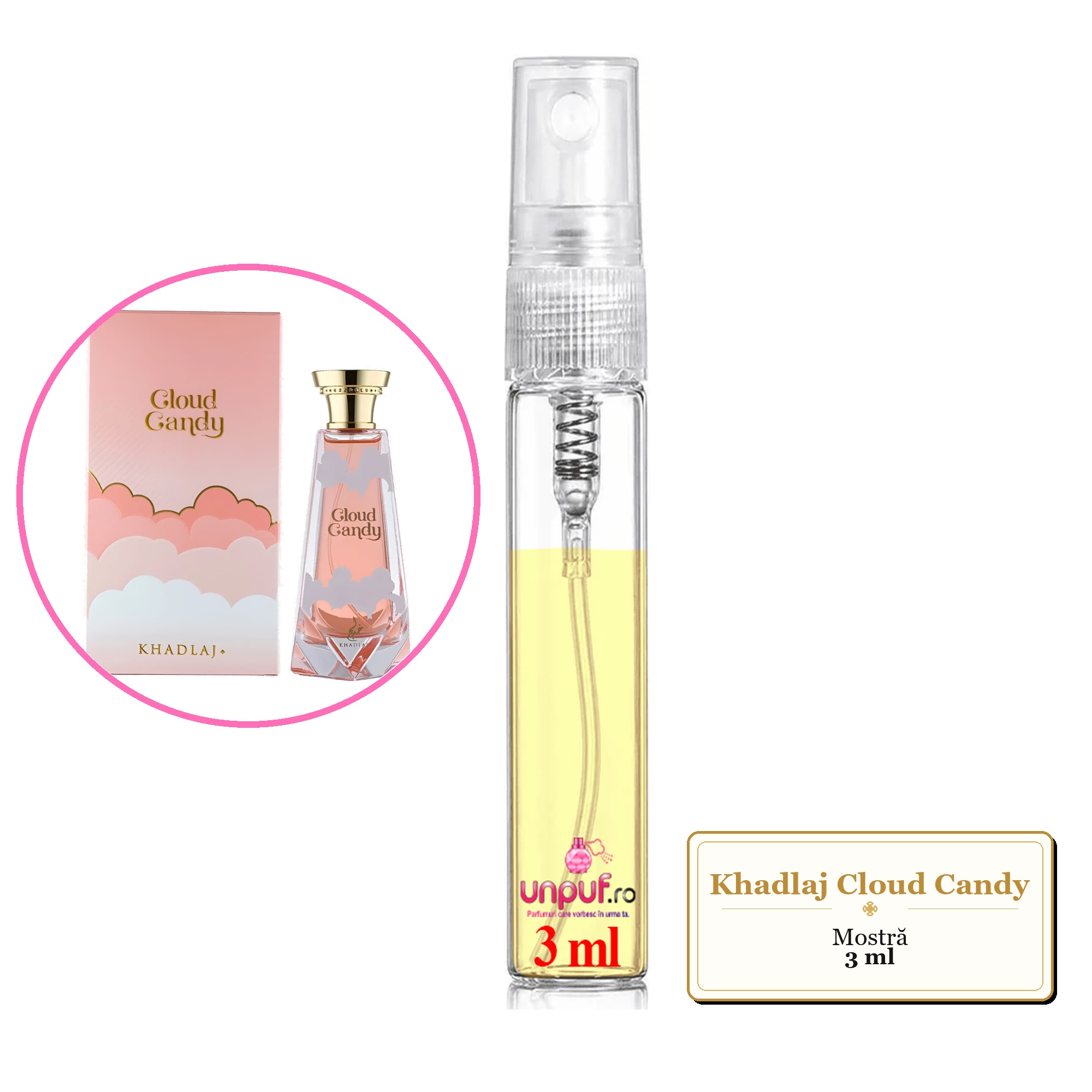 Mostra fiola din Parfumul Khadlaj Cloud Candy, decant sticla cu pulverizator 