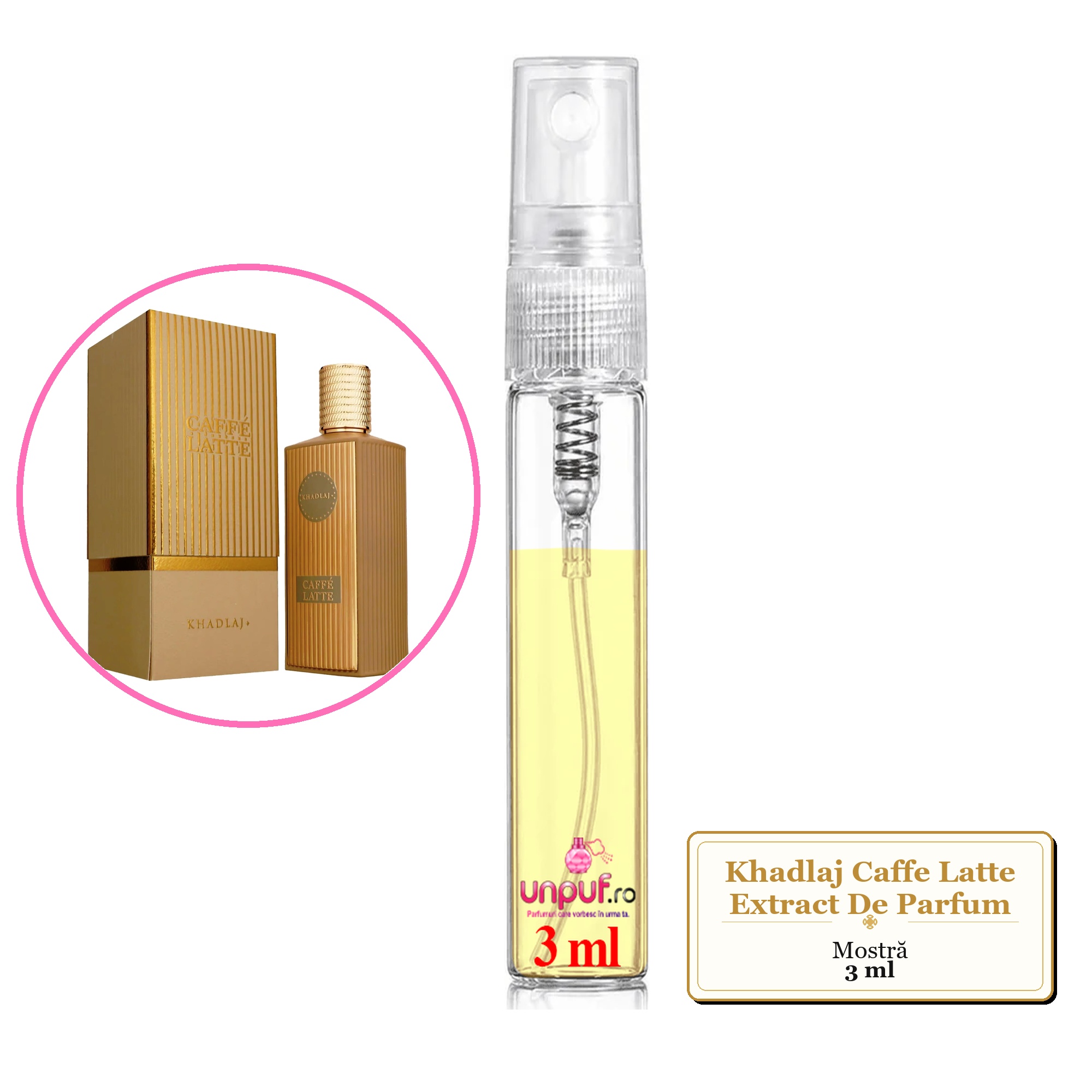 Mostra fiola din Parfumul Khadlaj Caffe Latte Extract De Parfum, decant sticla cu pulverizator