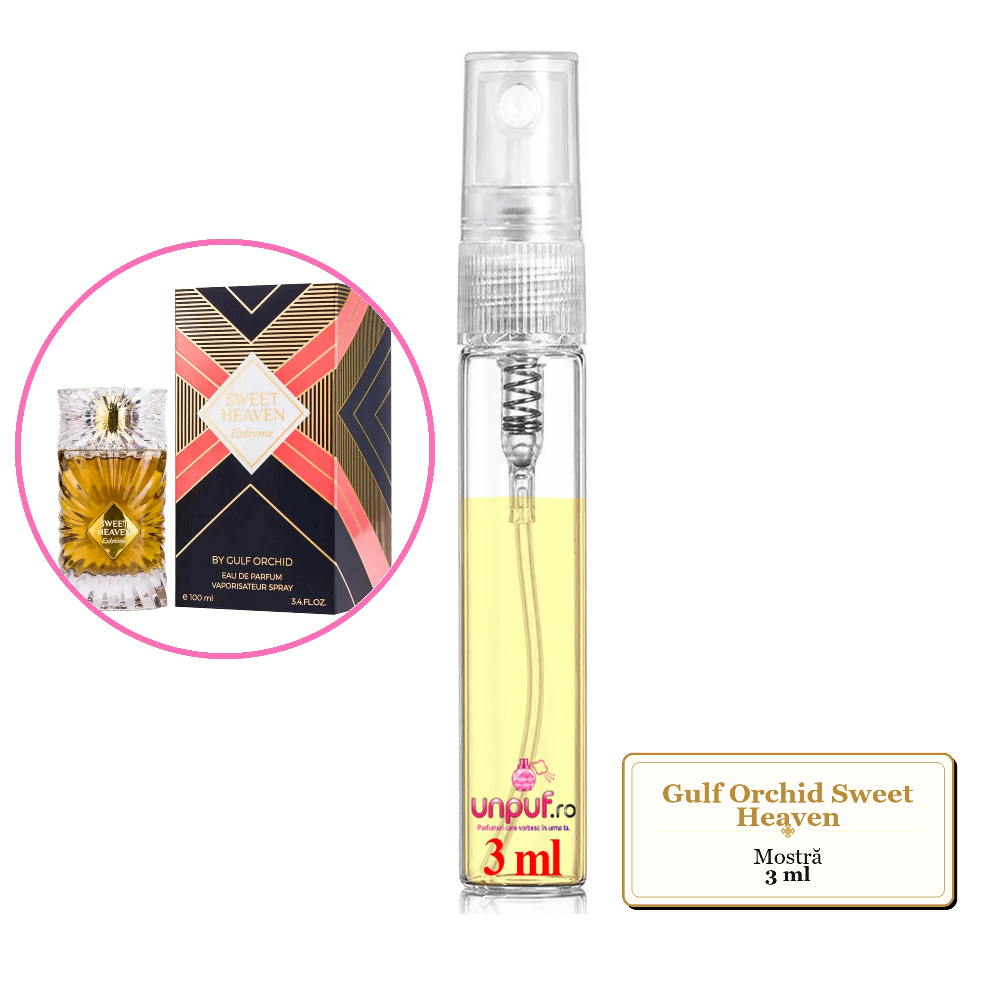 Mostra fiola din Parfumul Gulf Orchid Sweet Heaven, decant sticla cu pulverizator 