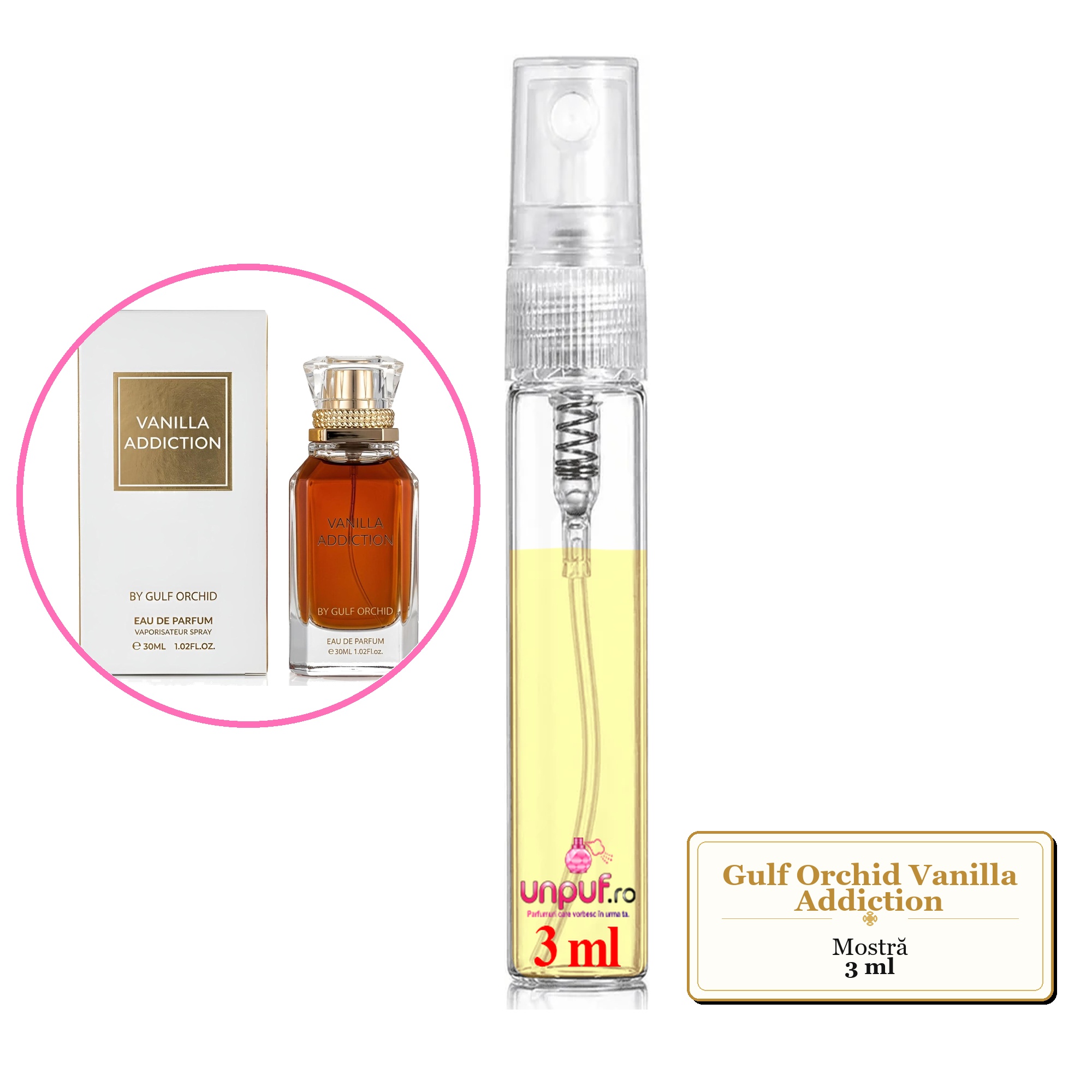 Mostra fiola din Parfumul Gulf Orchid Vanilla Addiction, decant sticla cu pulverizator