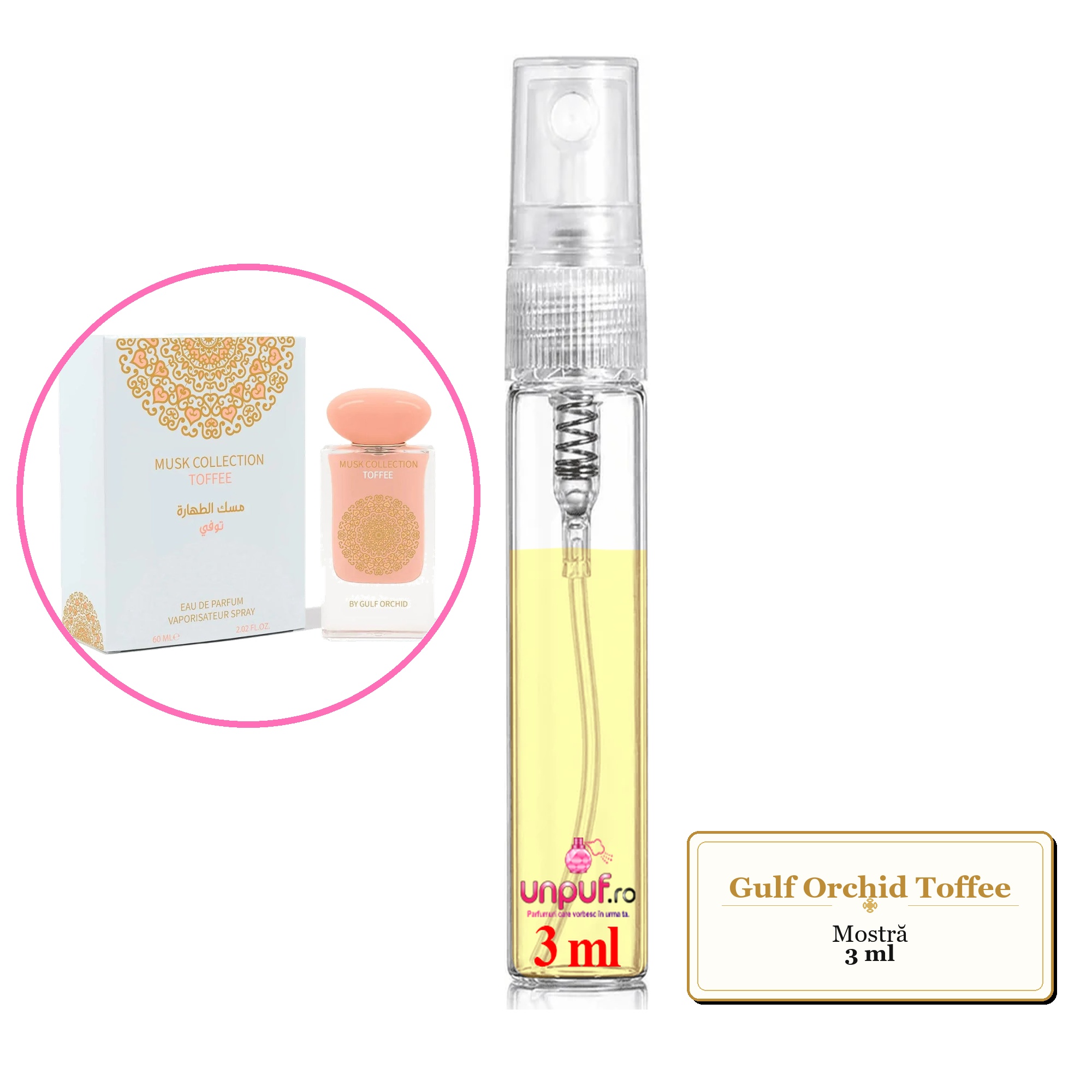 Mostra fiola din Parfumul Gulf Orchid Toffee, decant sticla cu pulverizator 
