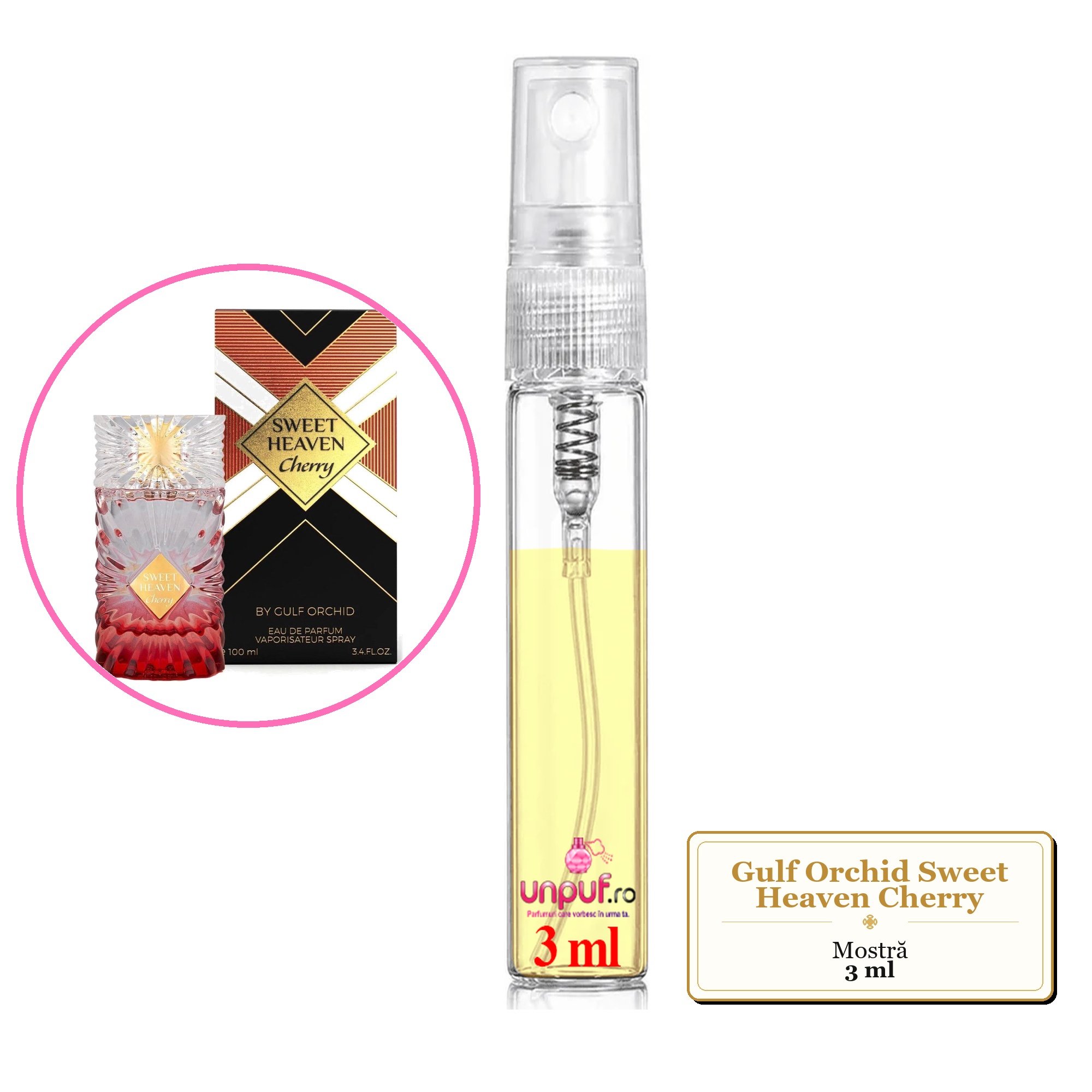 Mostra fiola din Parfumul Gulf Orchid Sweet Heaven Cherry, decant sticla cu pulverizator 