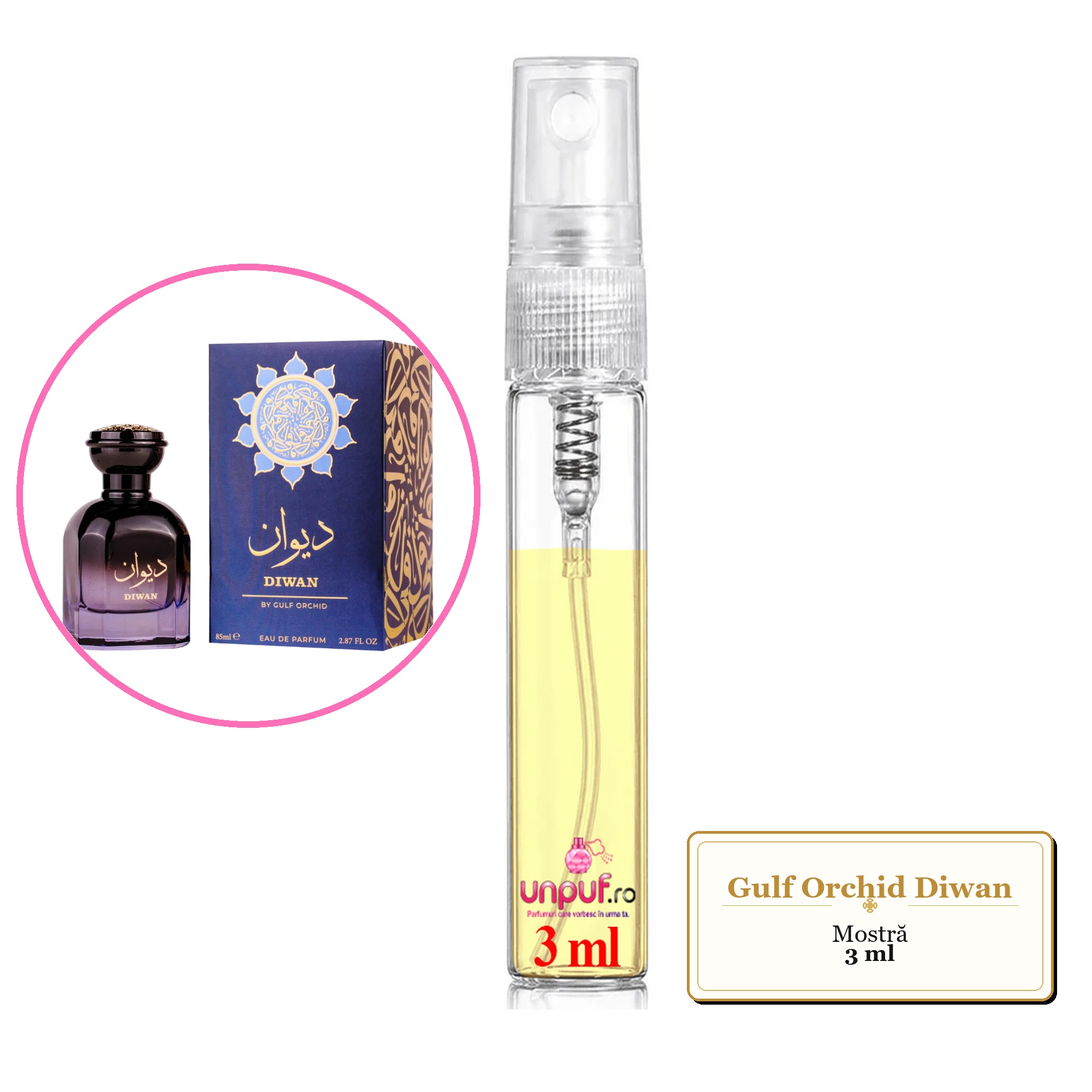 Mostra fiola din Parfumul Gulf Orchid Diwan, decant sticla cu pulverizator 