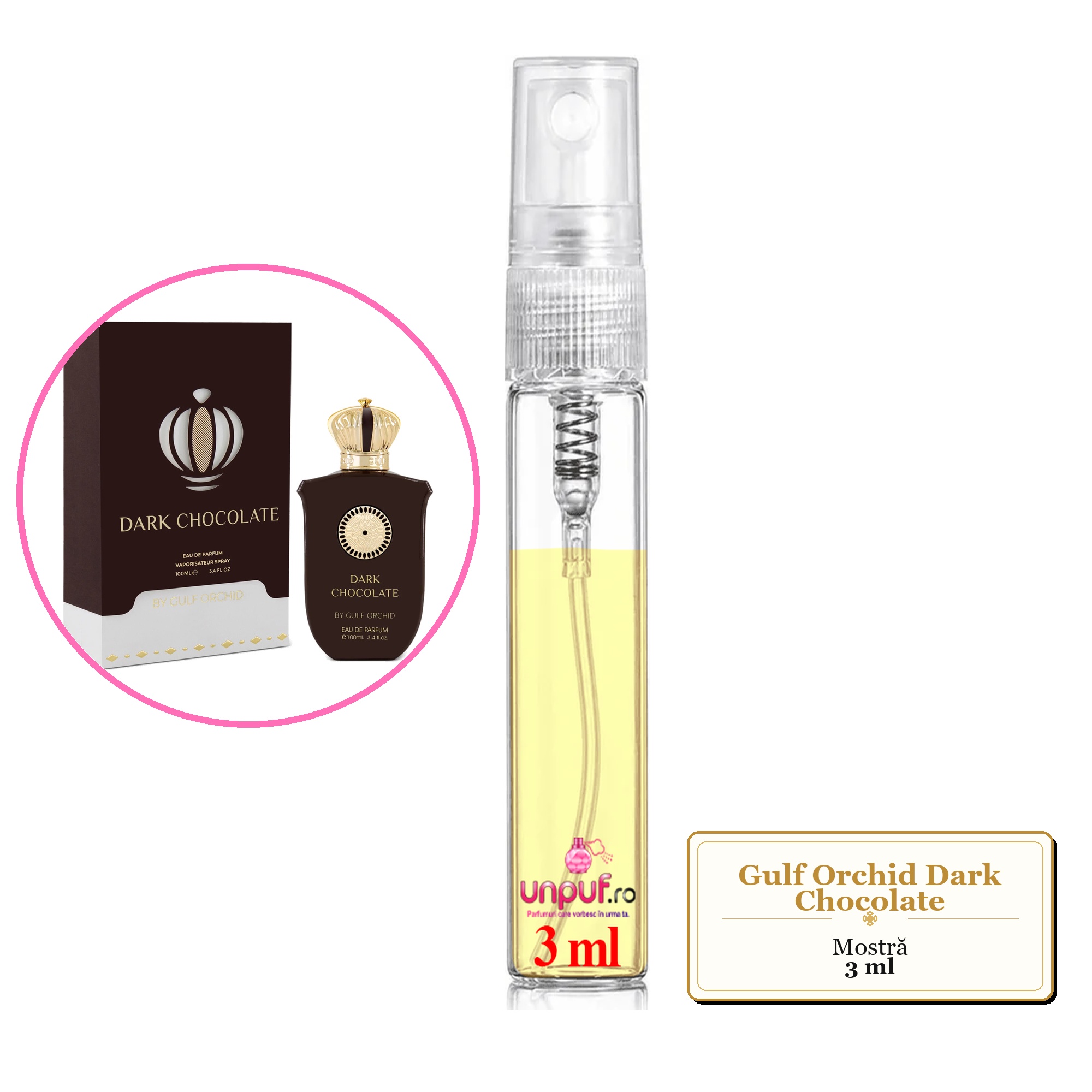 Mostra fiola din Parfumul Gulf Orchid Dark Chocolate, decant sticla cu pulverizator 