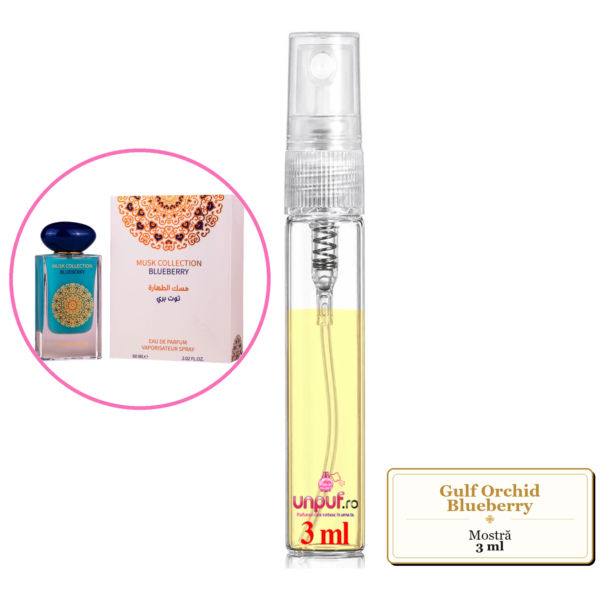 Mostra fiola din Parfumul Gulf Orchid Blueberry, decant sticla cu pulverizator
