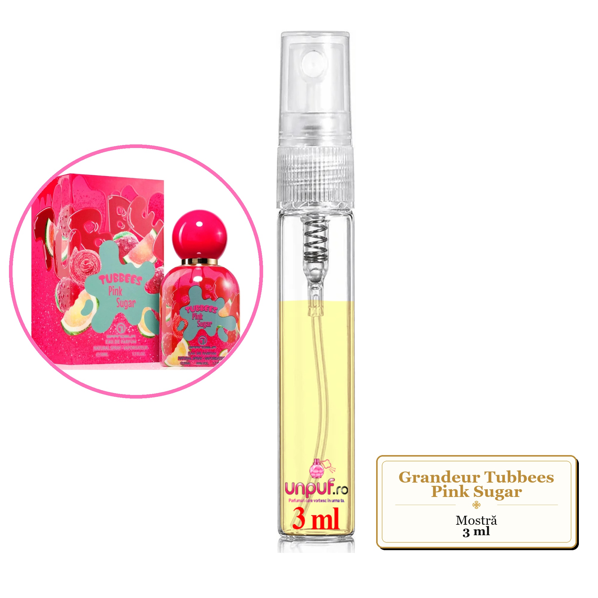 Mostra fiola din Parfumul Grandeur Tubbees Pink Sugar, decant sticla cu pulverizator 