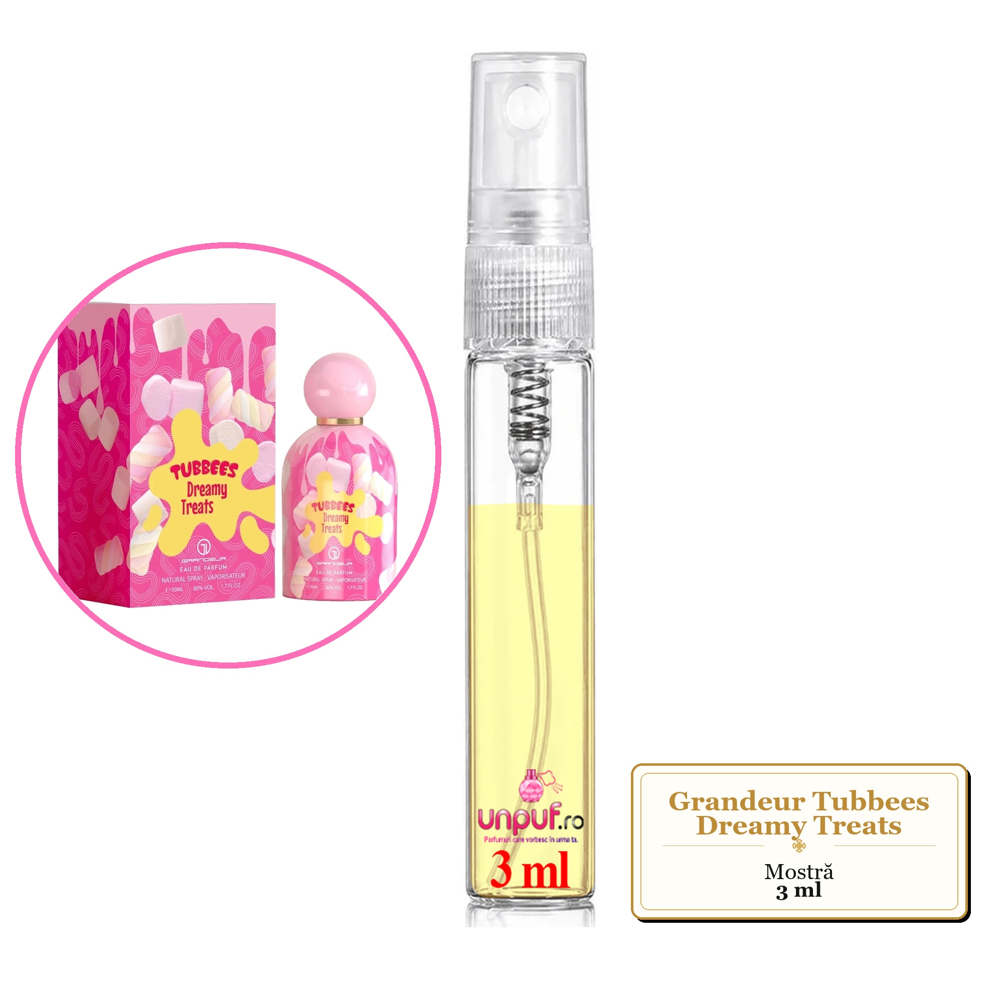 Mostra fiola din Parfumul Grandeur Tubbees Dreamy Treats, decant sticla cu pulverizator 