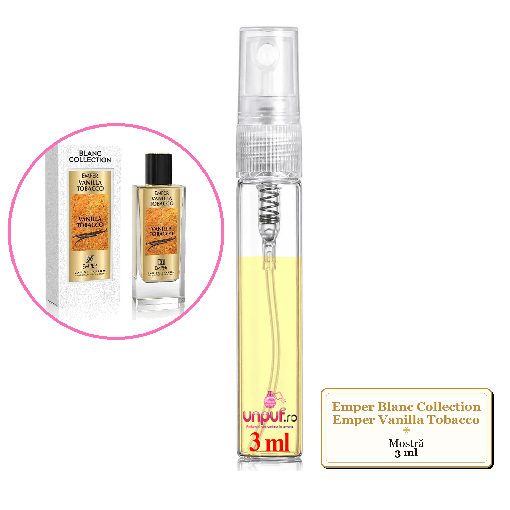 Mostra fiola din Parfumul Emper Blanc Collection Emper Vanilla Tobacco, decant sticla cu pulverizator 