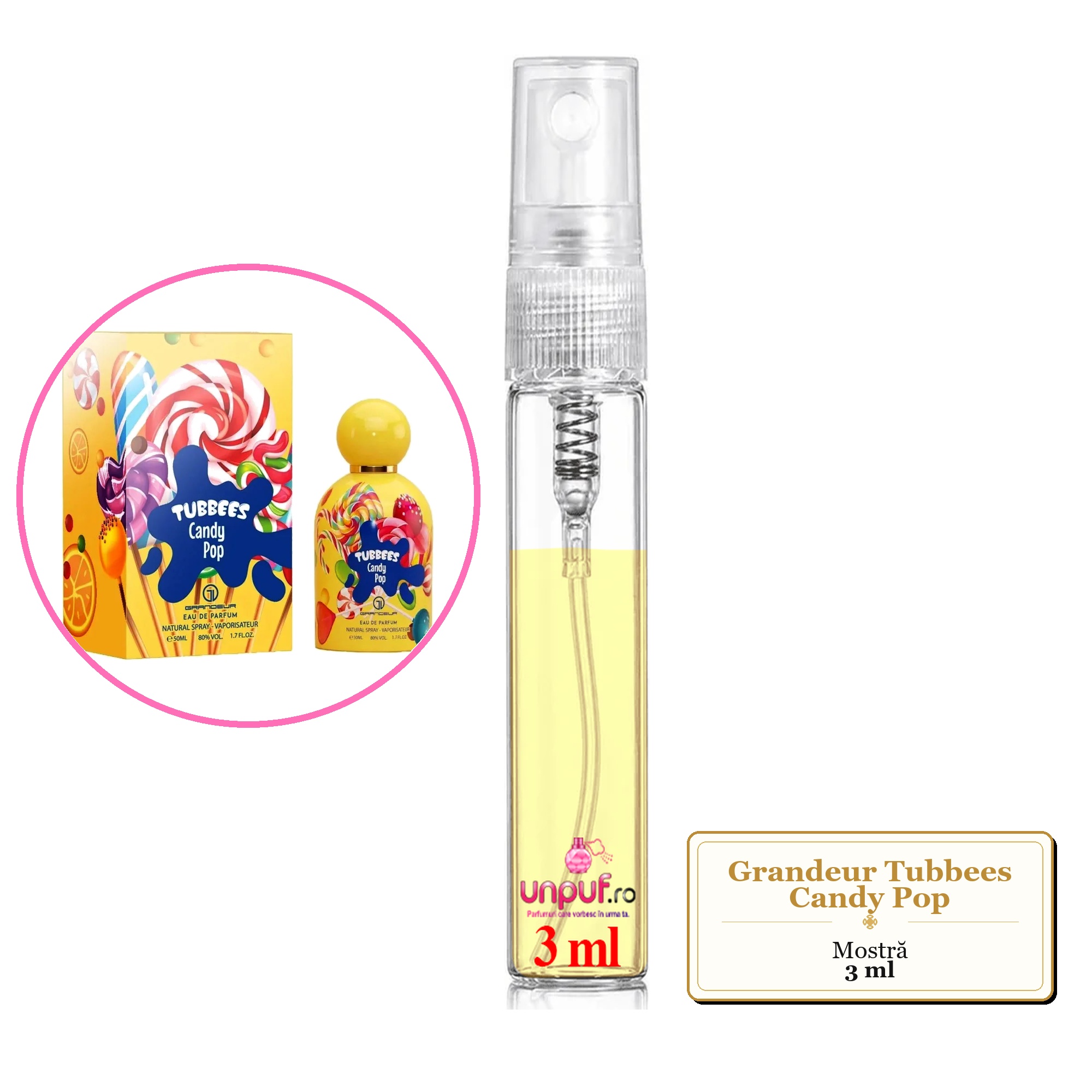 Mostra fiola din Parfumul Grandeur Tubbees Candy Pop, decant sticla cu pulverizator