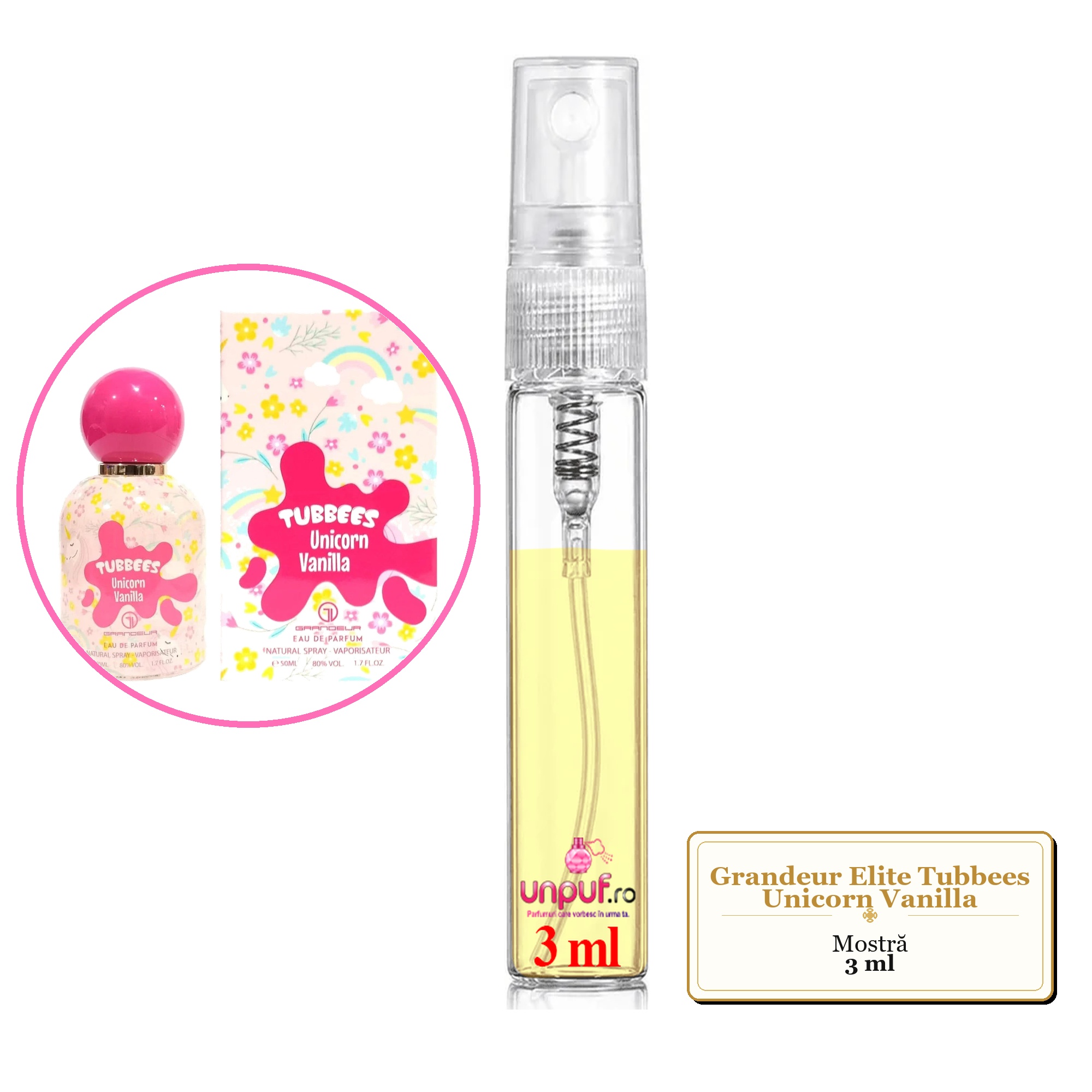 Mostra fiola din Parfumul Grandeur Elite Tubbees Unicorn Vanilla, decant sticla cu pulverizator