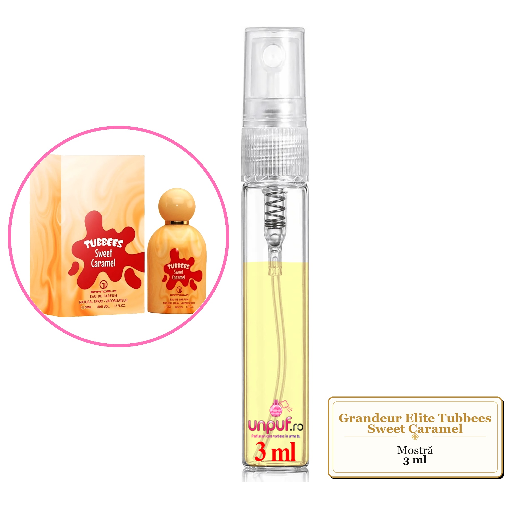 Mostra fiola din Parfumul Grandeur Elite Tubbees Sweet Caramel, decant sticla cu pulverizator 