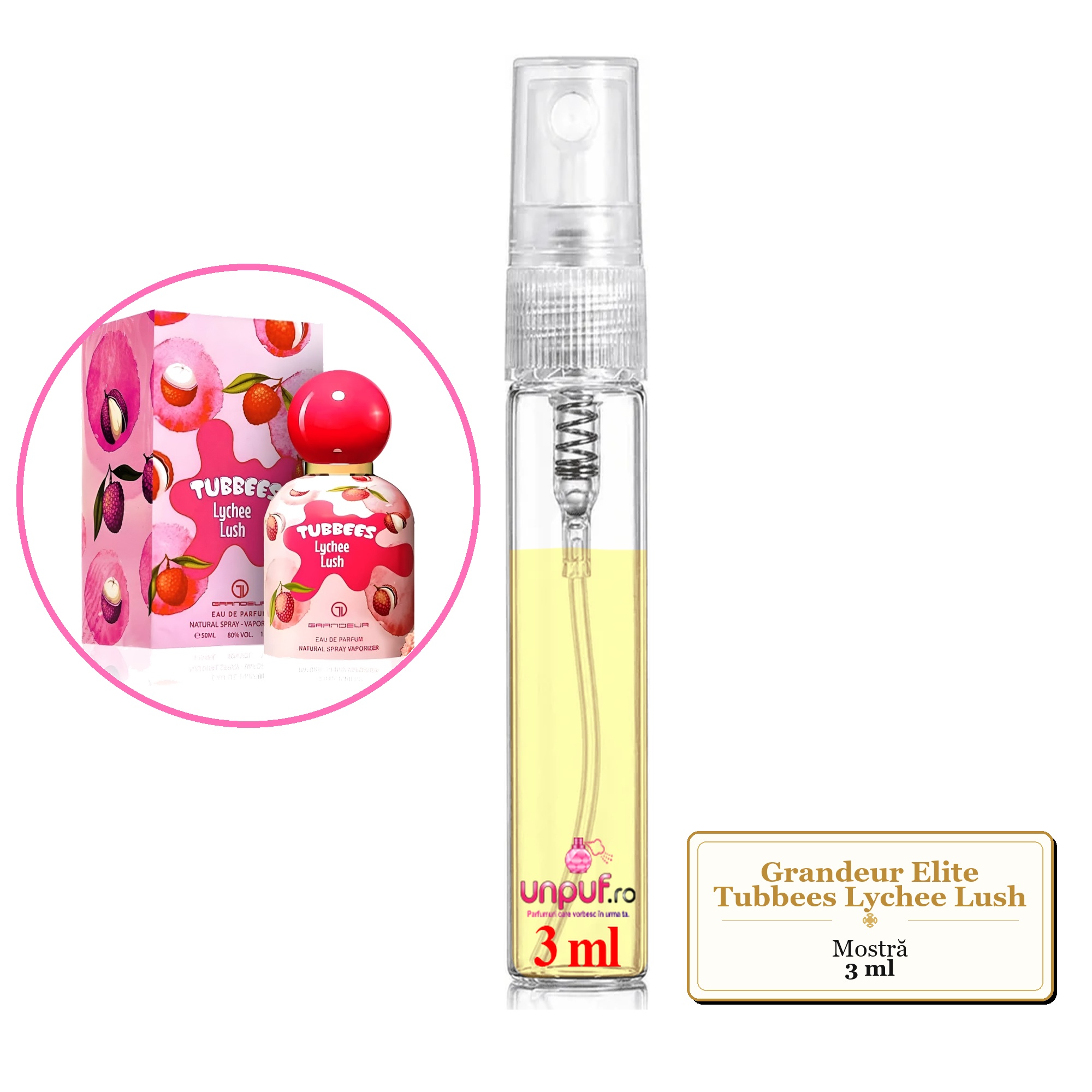 Mostra fiola din Parfumul Grandeur Elite Tubbees Lychee Lush, decant sticla cu pulverizator