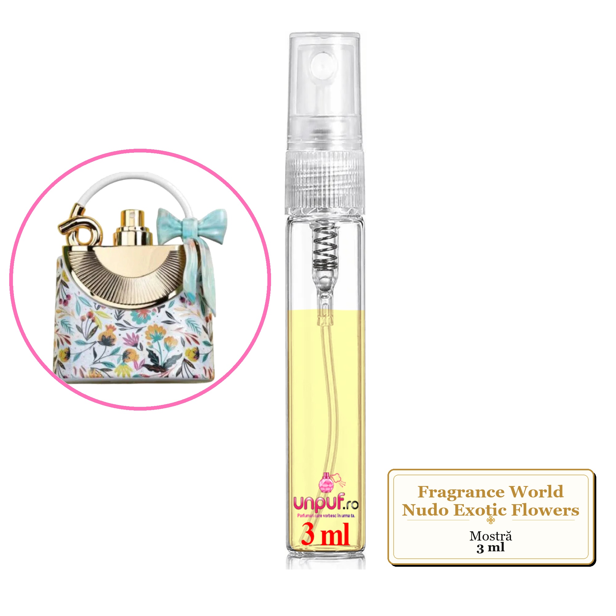 Mostra fiola din Parfumul Fragrance World Nudo Exotic Flowers, decant sticla cu pulverizator 