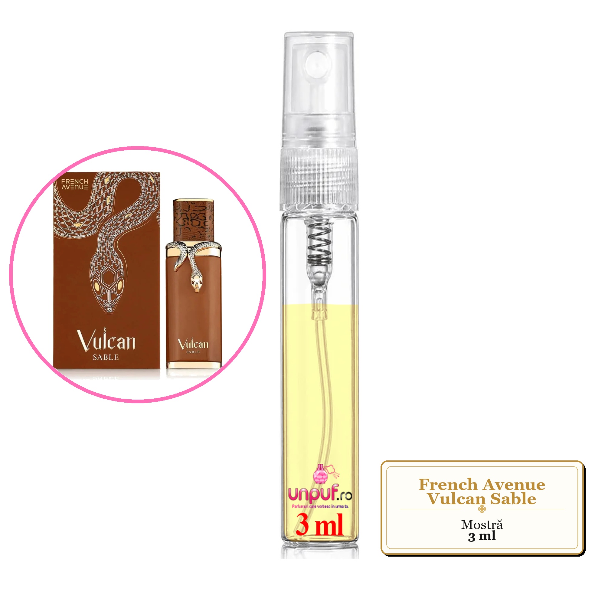 Mostra fiola din Parfumul French Avenue Vulcan Sable, decant sticla cu pulverizator