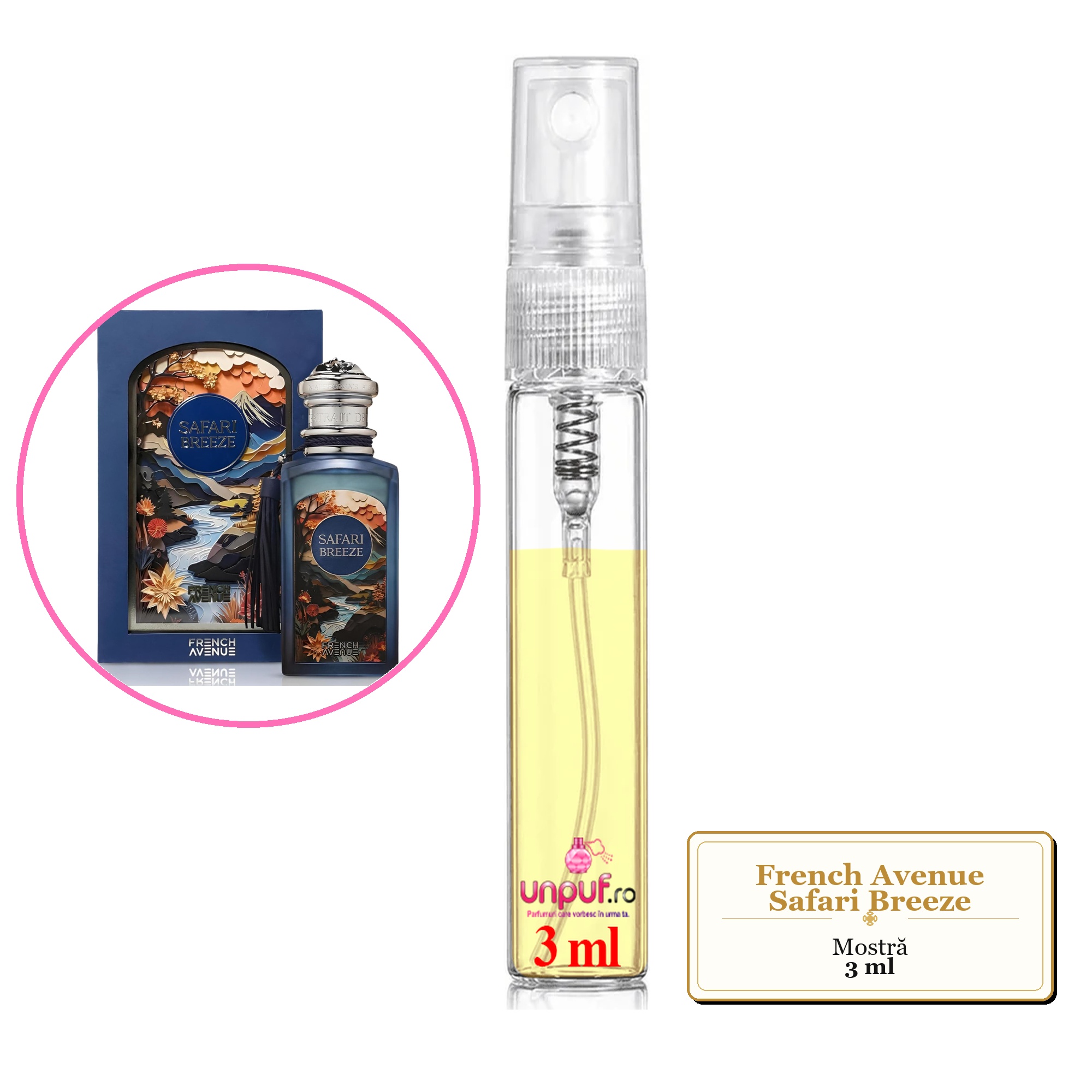 Mostra fiola din Parfumul French Avenue Safari Breeze, decant sticla cu pulverizator 