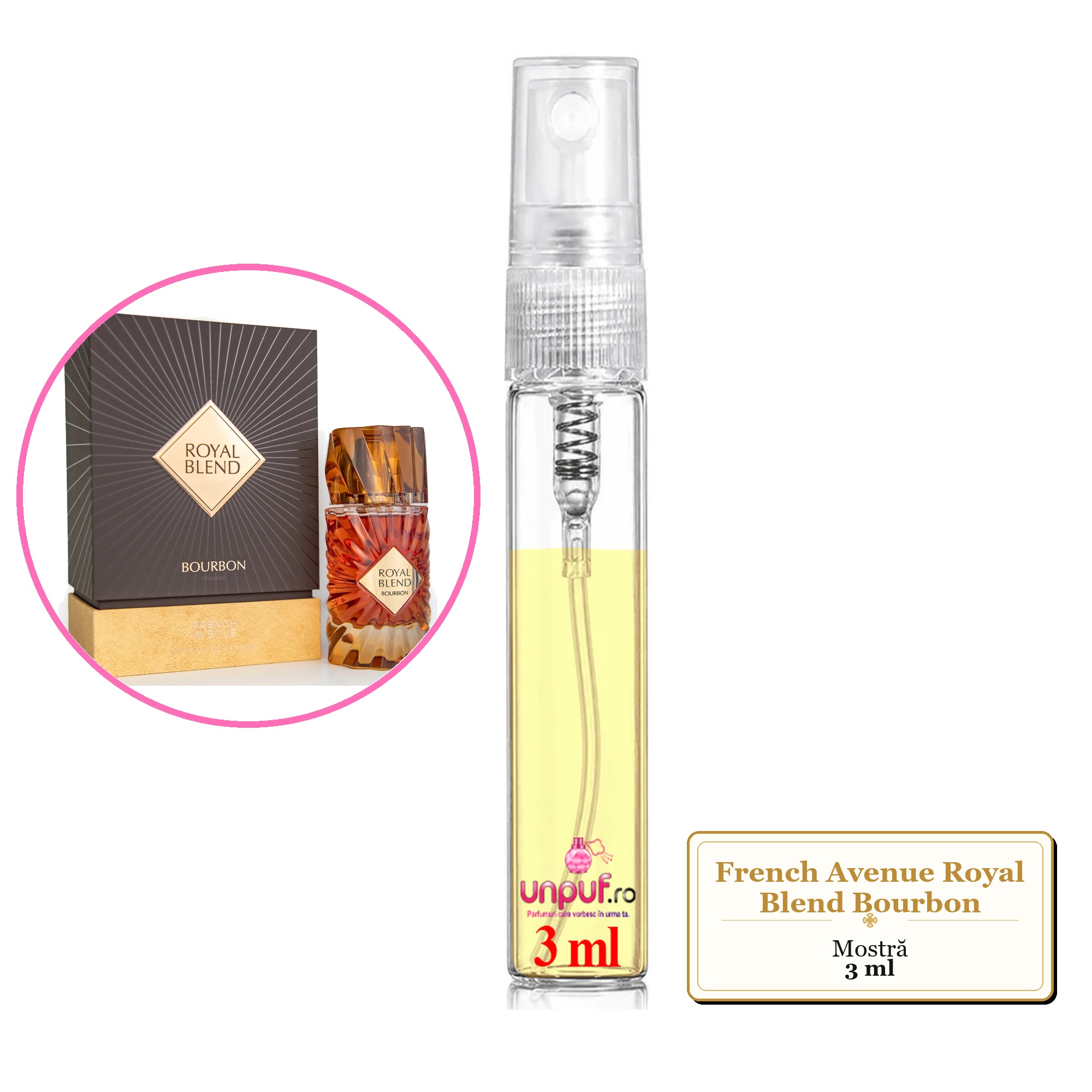 Mostra fiola din Parfumul French Avenue Royal Blend Bourbon, decant sticla cu pulverizator 