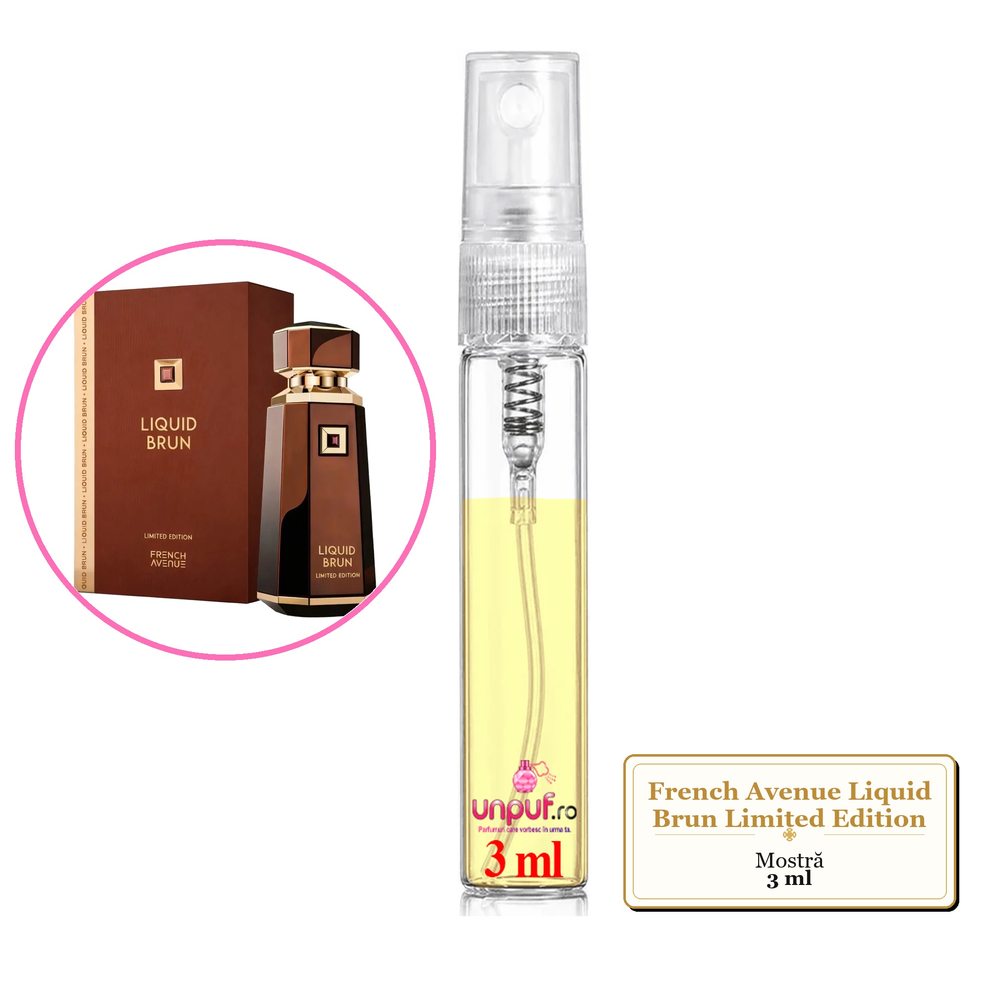 Mostra fiola din Parfumul French Avenue Liquid Brun Limited Edition, decant sticla cu pulverizator