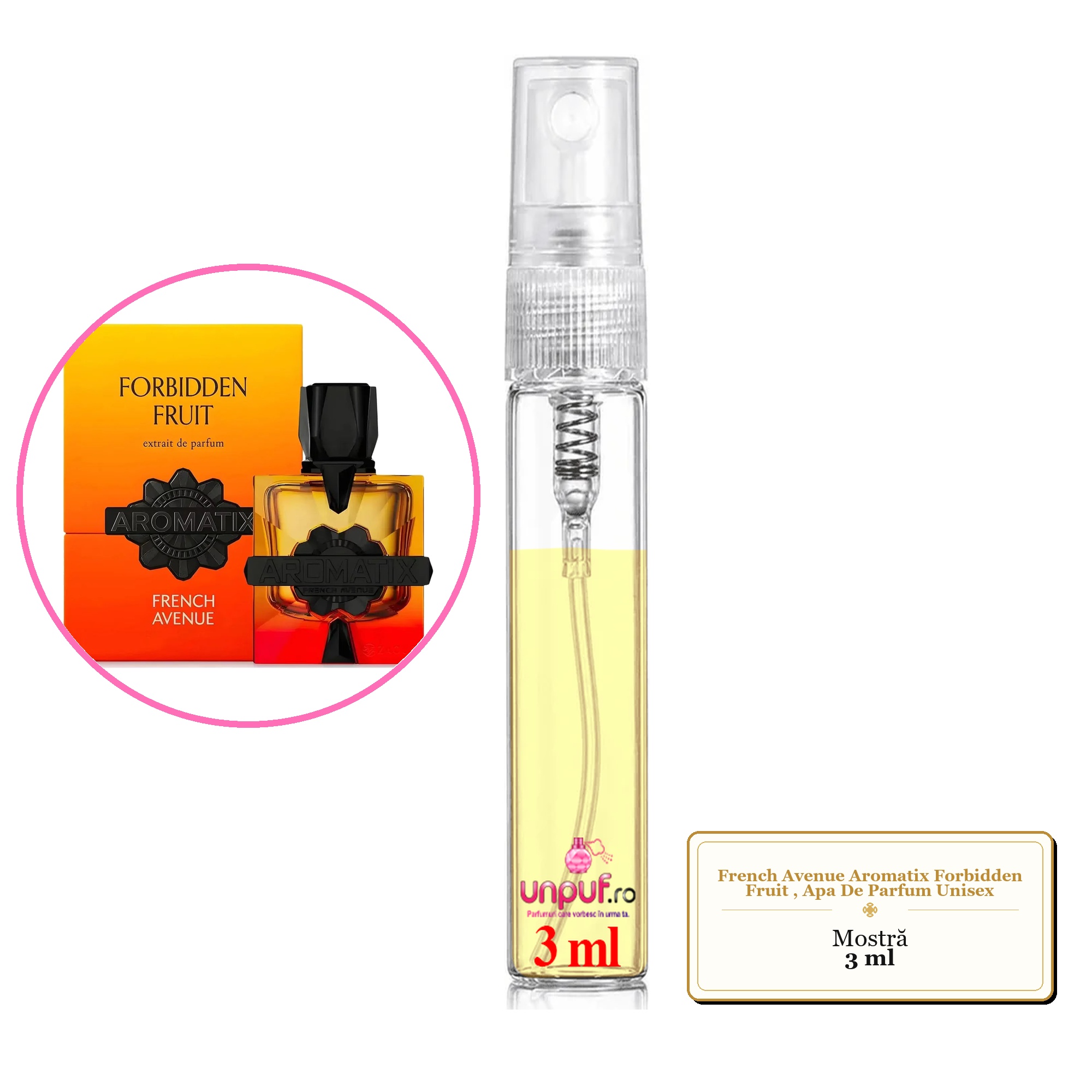 Mostra fiola din Parfumul French Avenue Aromatix Forbidden Fruit, Apa De Parfum Unisex, decant sticla cu pulverizator