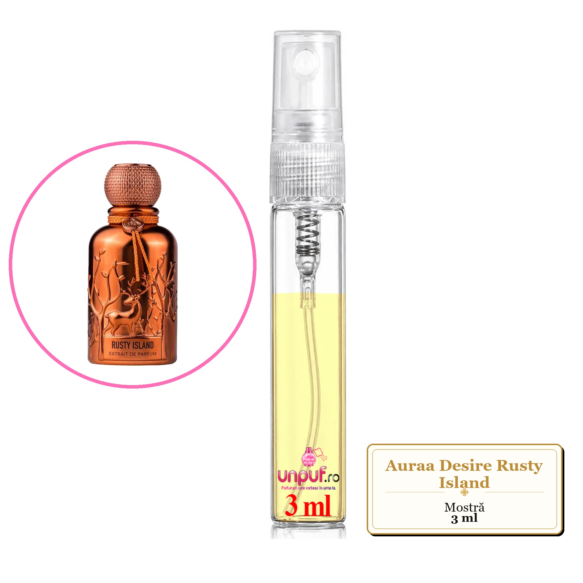 Mostra fiola din Parfumul Auraa Desire Rusty Island, decant sticla cu pulverizator