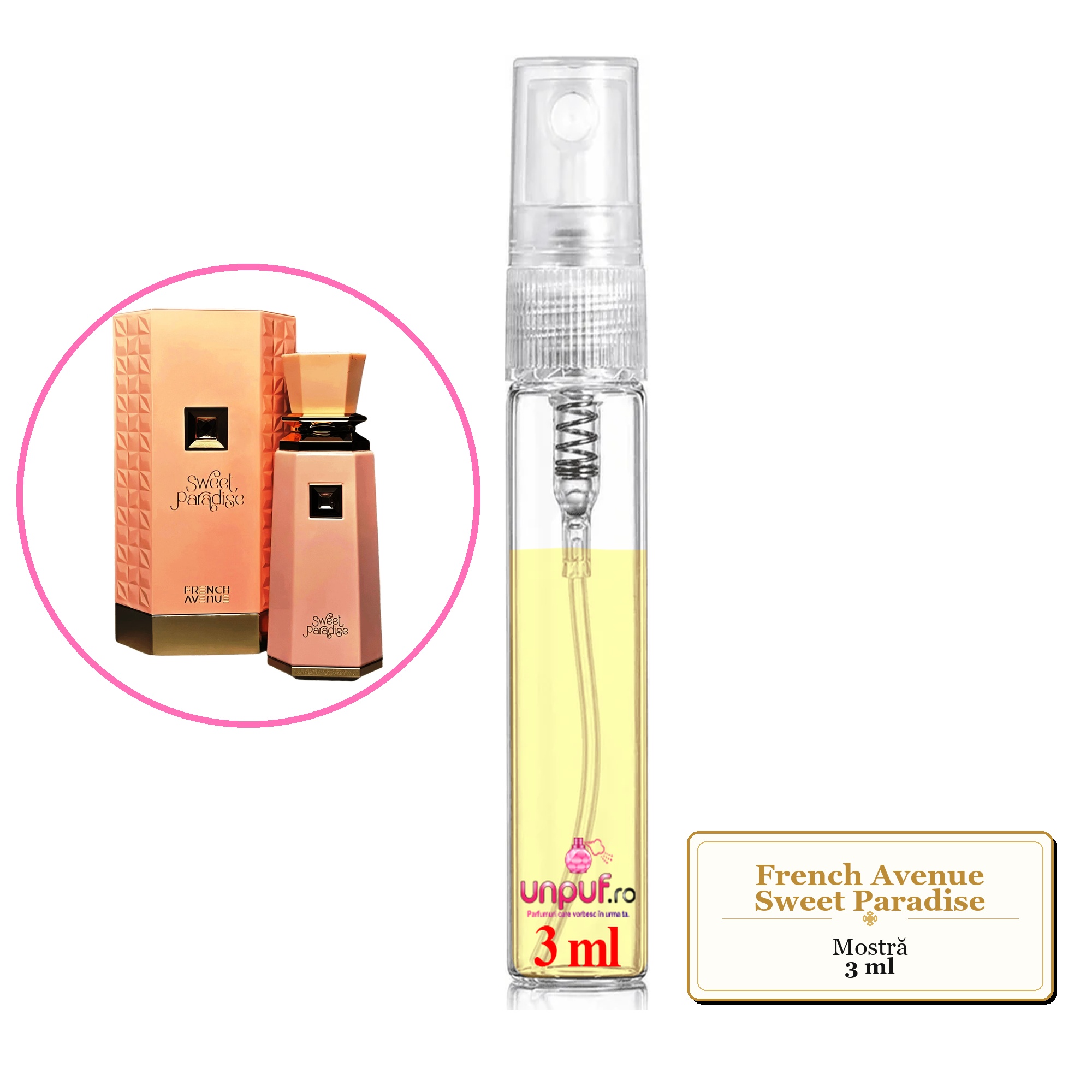 Mostra fiola din Parfumul French Avenue Sweet Paradise, decant sticla cu pulverizator 