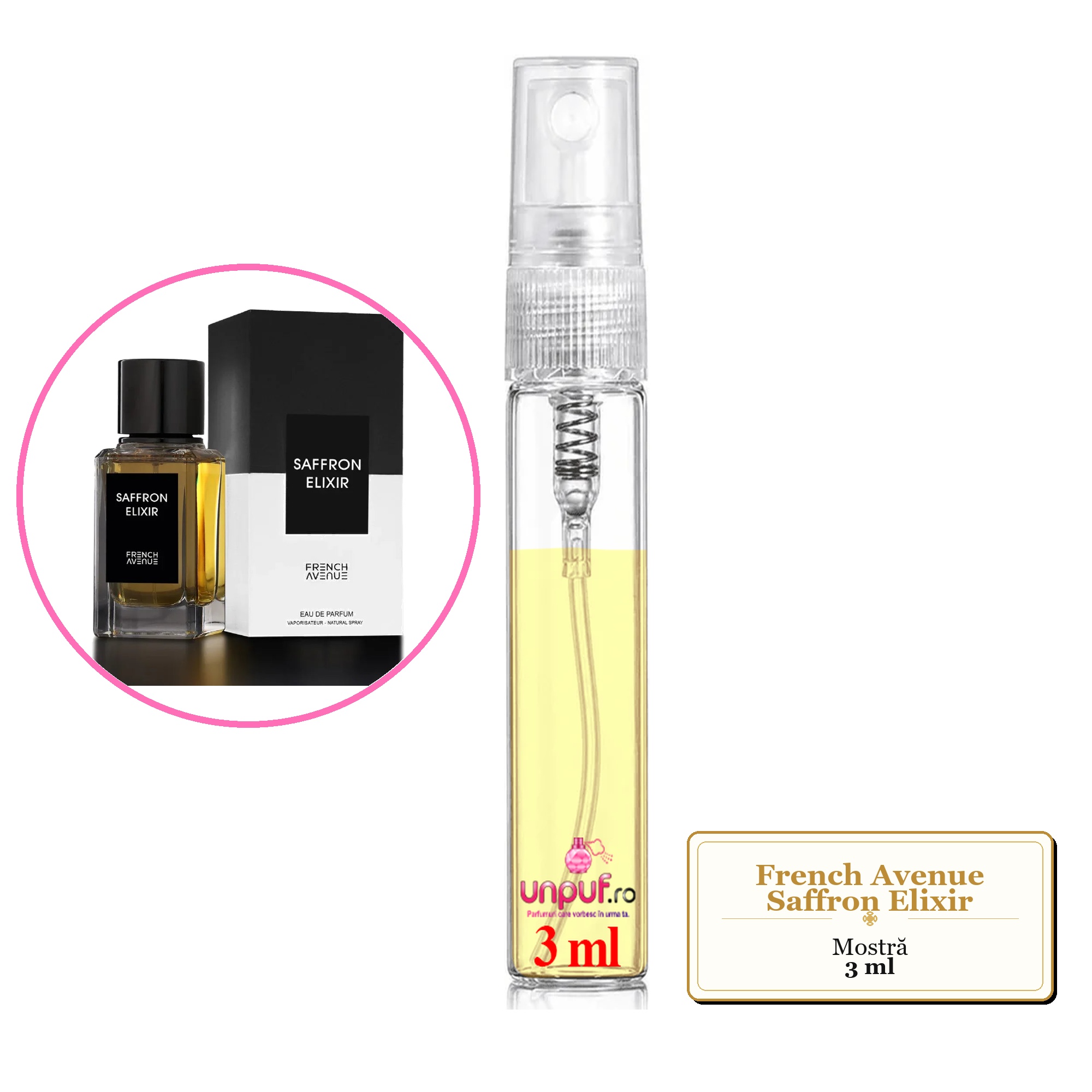 Mostra fiola din Parfumul French Avenue Saffron Elixir, decant sticla cu pulverizator