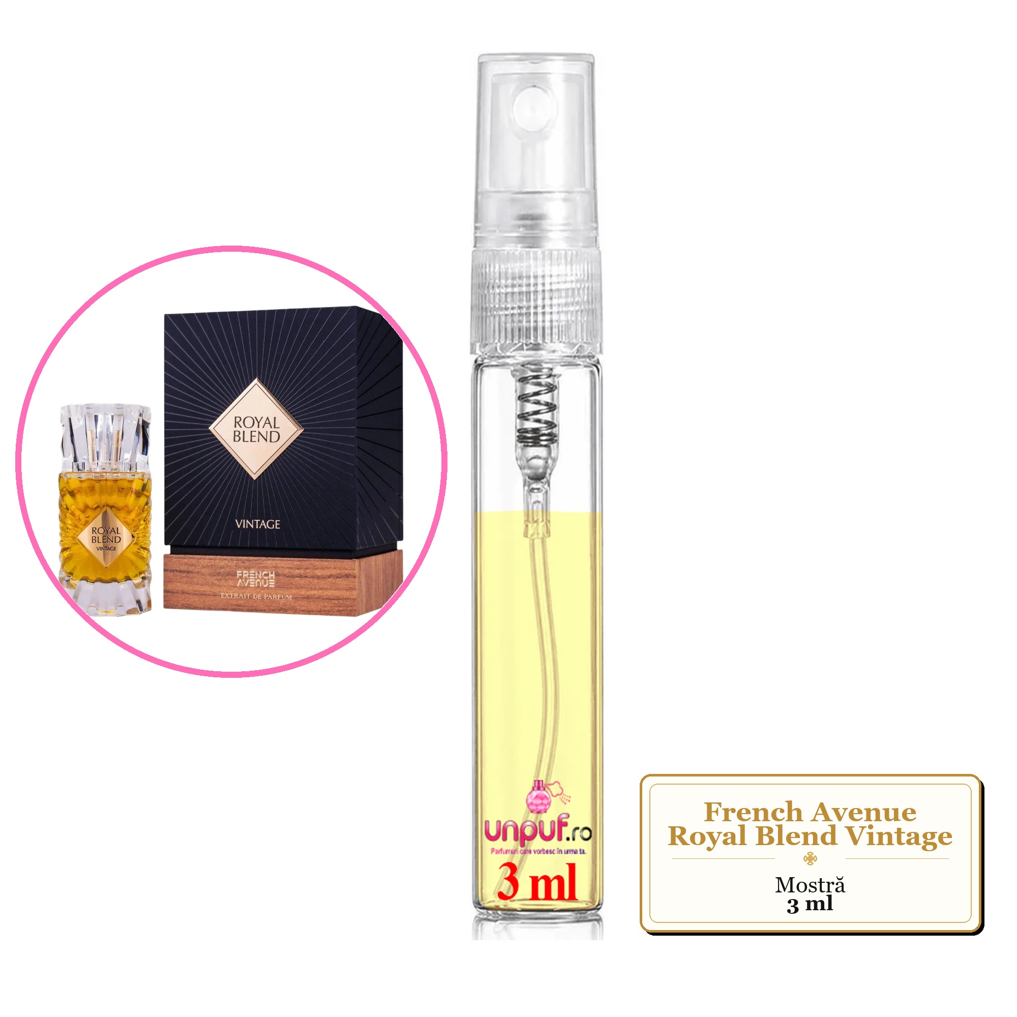 Mostra fiola din Parfumul French Avenue Royal Blend Vintage, decant sticla cu pulverizator 