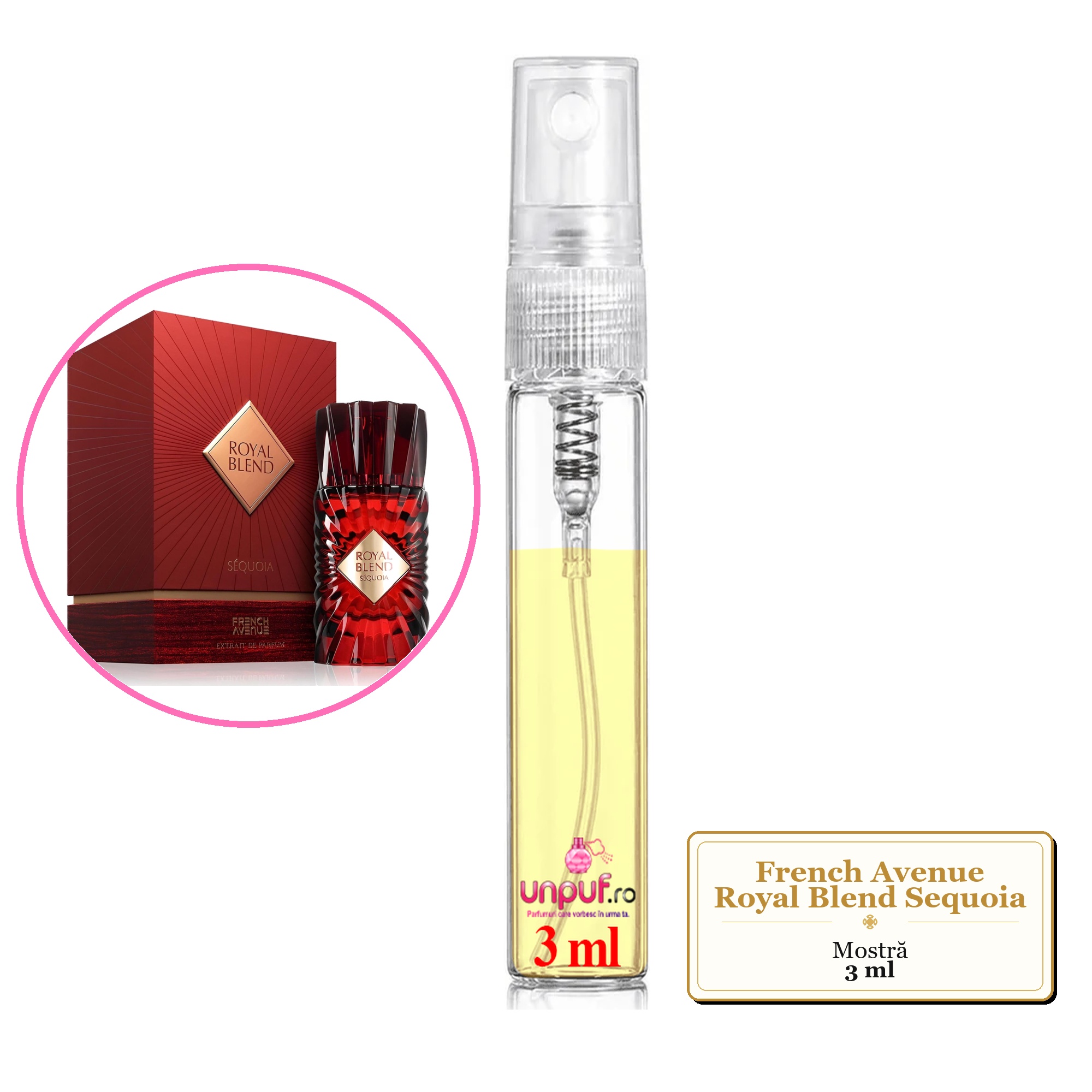 Mostra fiola din Parfumul French Avenue Royal Blend Sequoia, decant sticla cu pulverizator