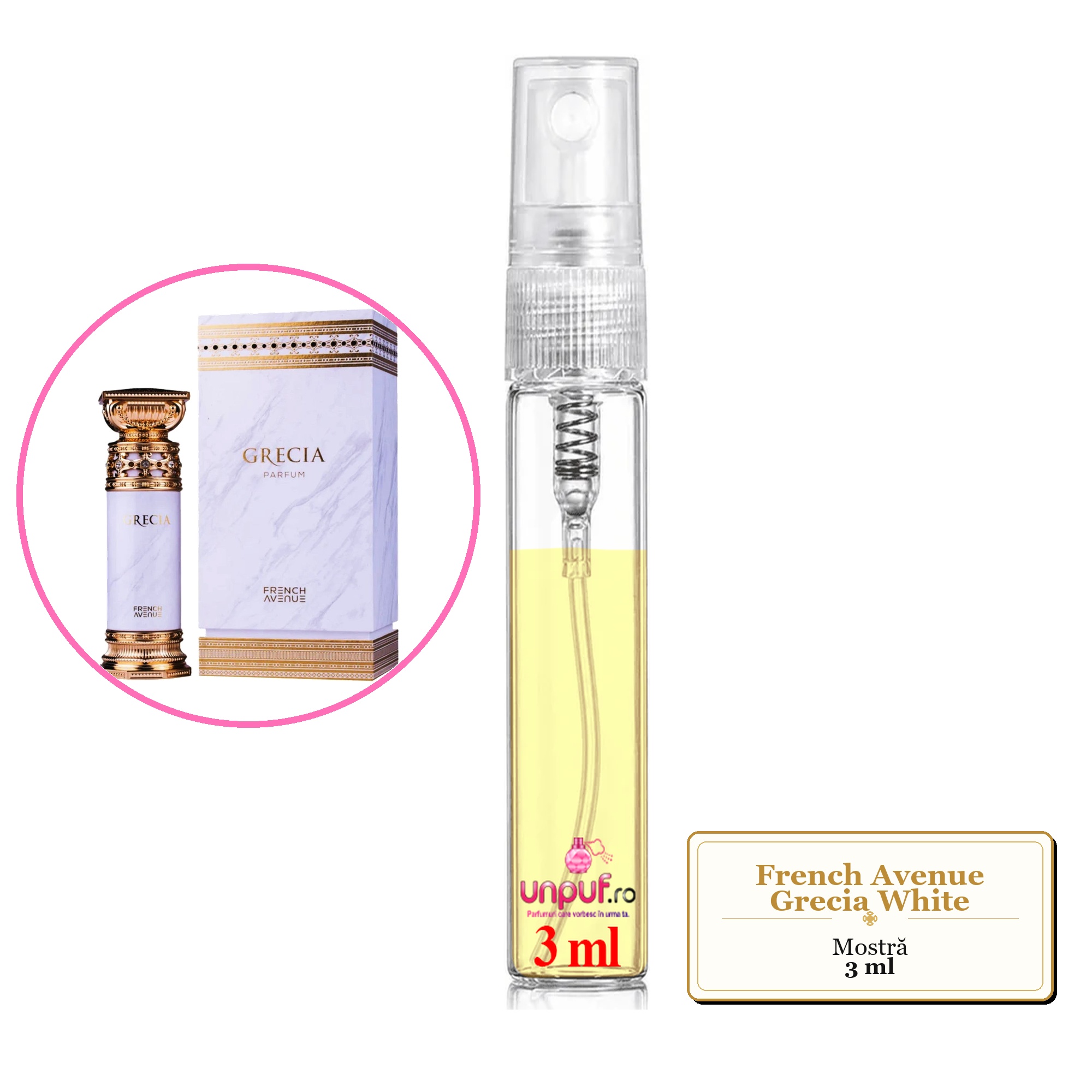 Mostra fiola din Parfumul French Avenue Grecia White, decant sticla cu pulverizator