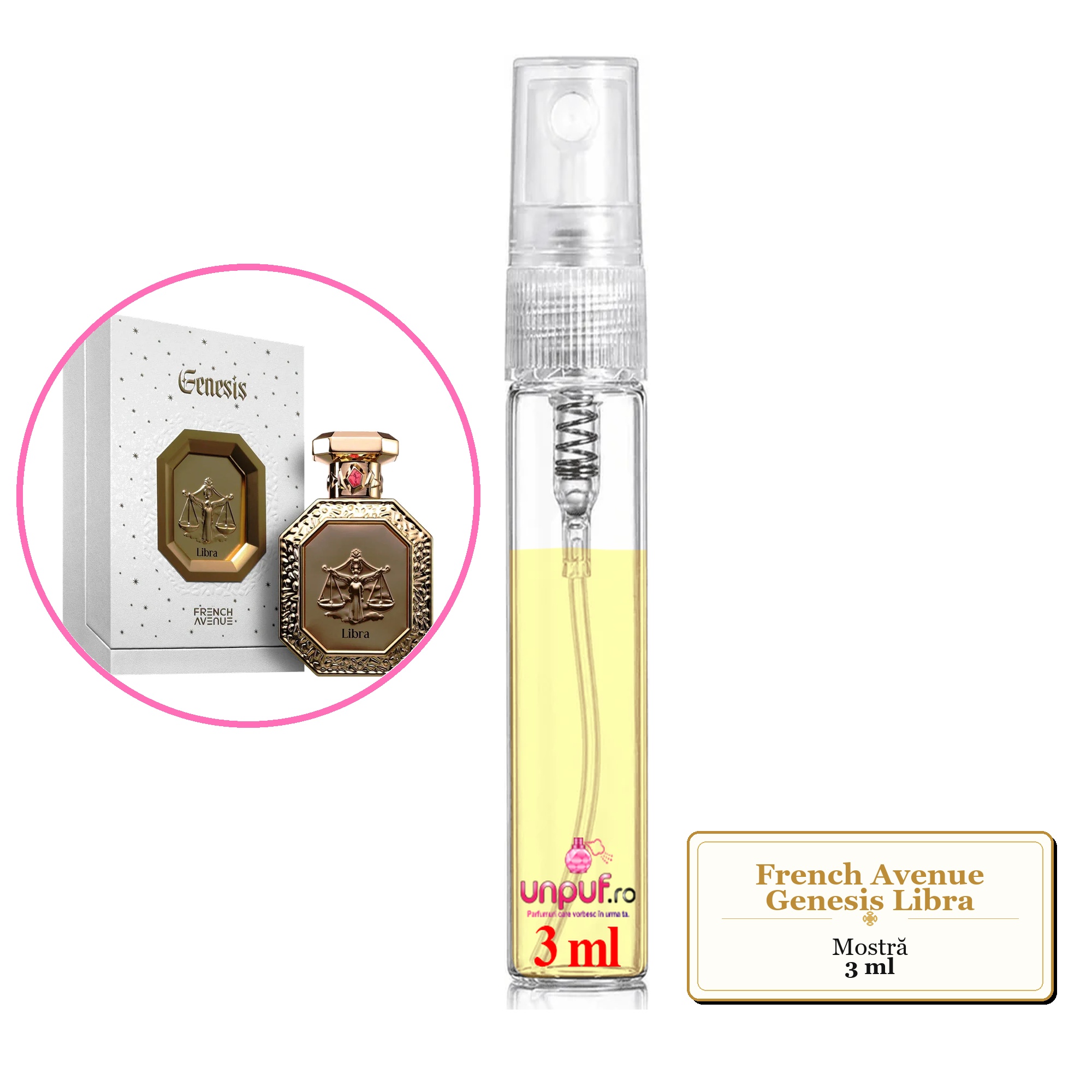 Mostra fiola din Parfumul French Avenue Genesis Libra, decant sticla cu pulverizator 